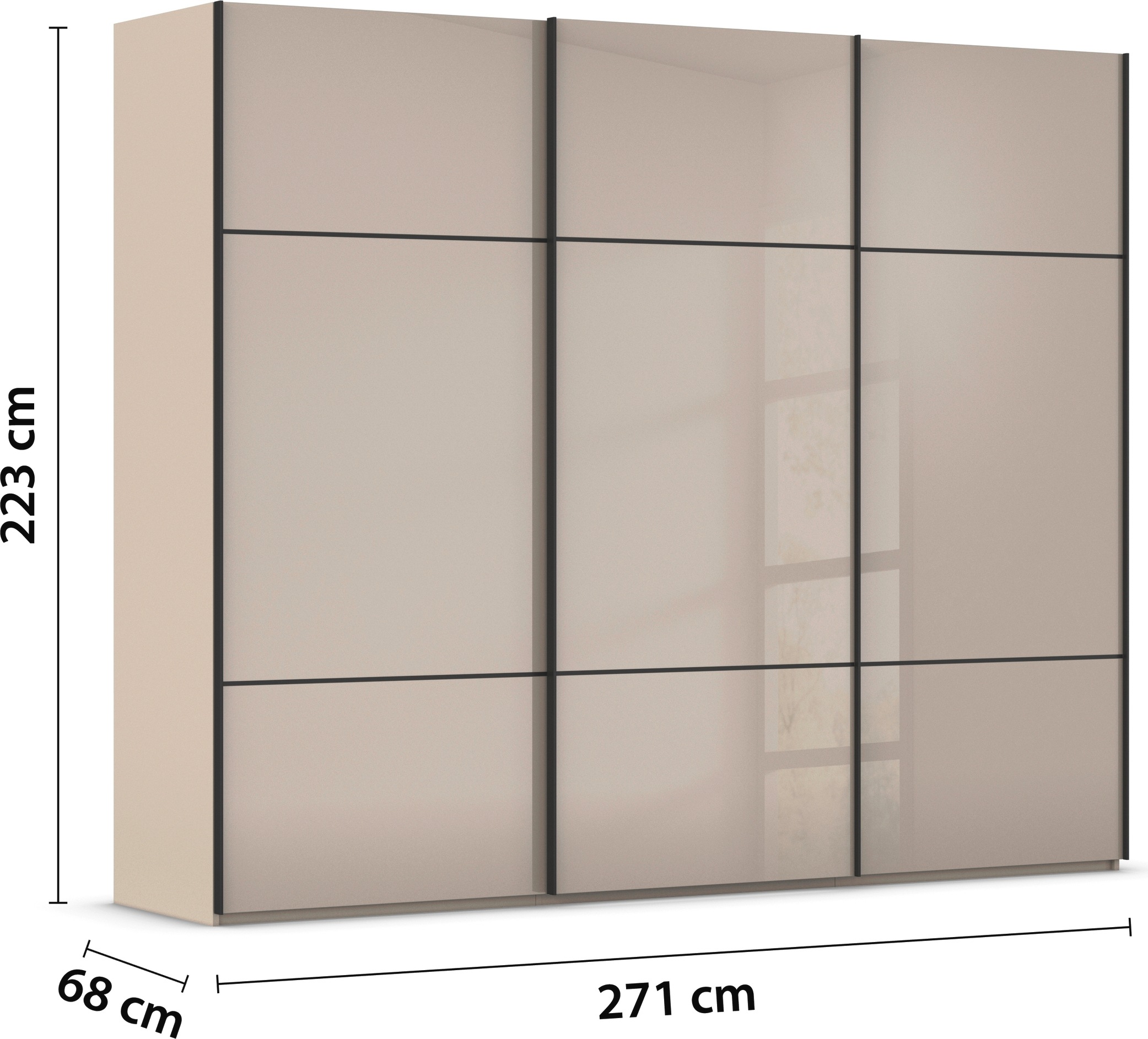 rauch Schwebetürenschrank »Kleiderschrank Schrank Garderobe Schlafzimmerschrank SCALE-TRIO«, edle dreigeteilte Front mit 2 Zierleisten Glasfront MADE IN GERMANY
