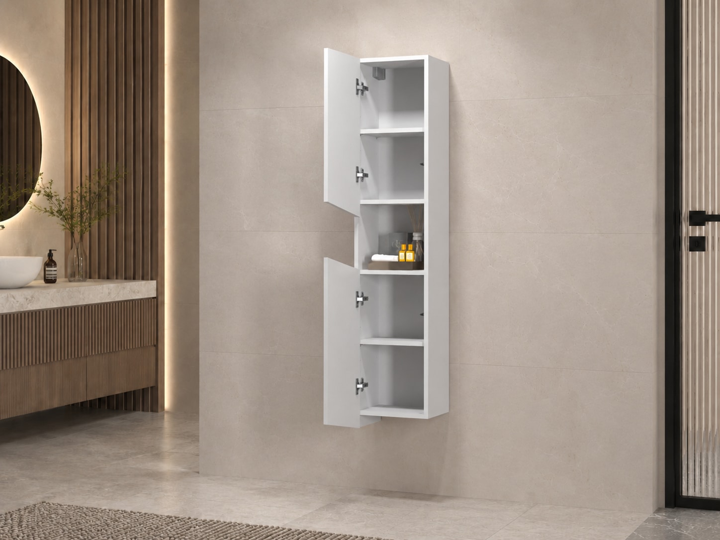 welltime Hochschrank »Vela, Hochschrank, Badschrank schmal, Badezimmerschrank, hängend« 1 Stk. tlg. Breite 30 cm, 2 hochglanzlackierte Türen, 5 verstellbare Fächer