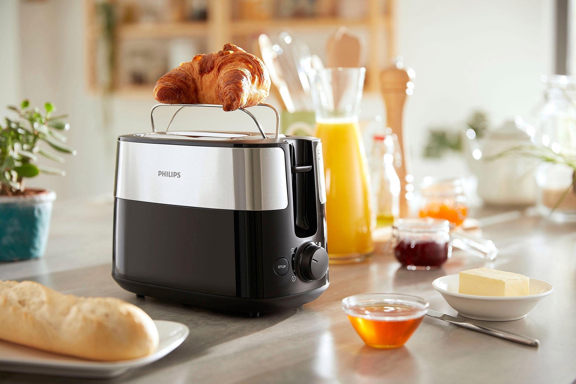 Philips Toaster »HD2516/90 Daily Collection«, 2 kurze Schlitze, 830 W, integrierter Brötchenaufsatz und 8 Bräunungsstufen, edelstahl/schwarz