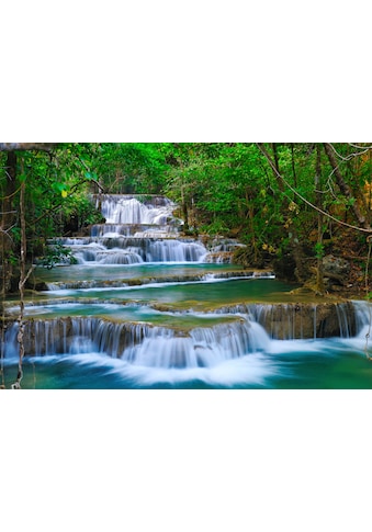 Fototapete »WASSERFALL-BÄUME FLUSS SEE STEINE BLUMEN BERGE SONNE«