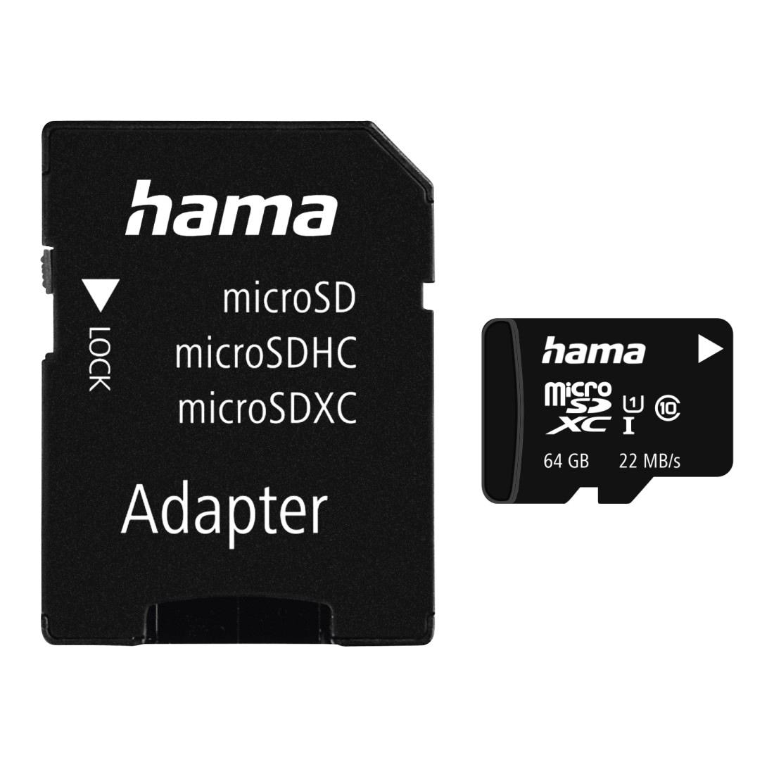 Hama Speicherkarte »microSDXC 64GB Class 10 UHS-I 22MB/s+ Adapter/Foto«, (UHS-I Class 10 22 MB/s Lesegeschwindigkeit)