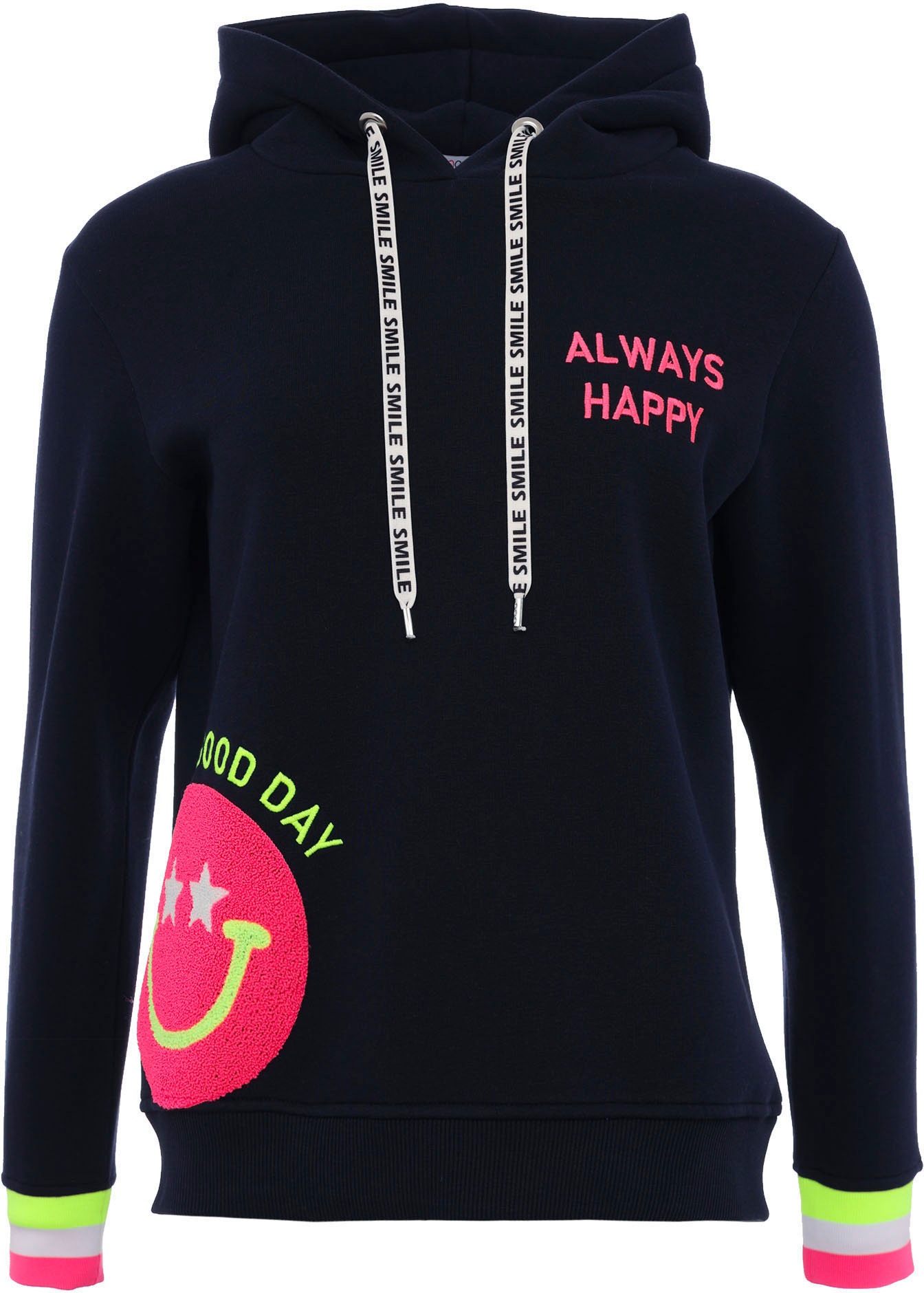 Zwillingsherz Hoodie "Always Happy", Smiley aus Frottee, Neon-Details, Kapu günstig online kaufen