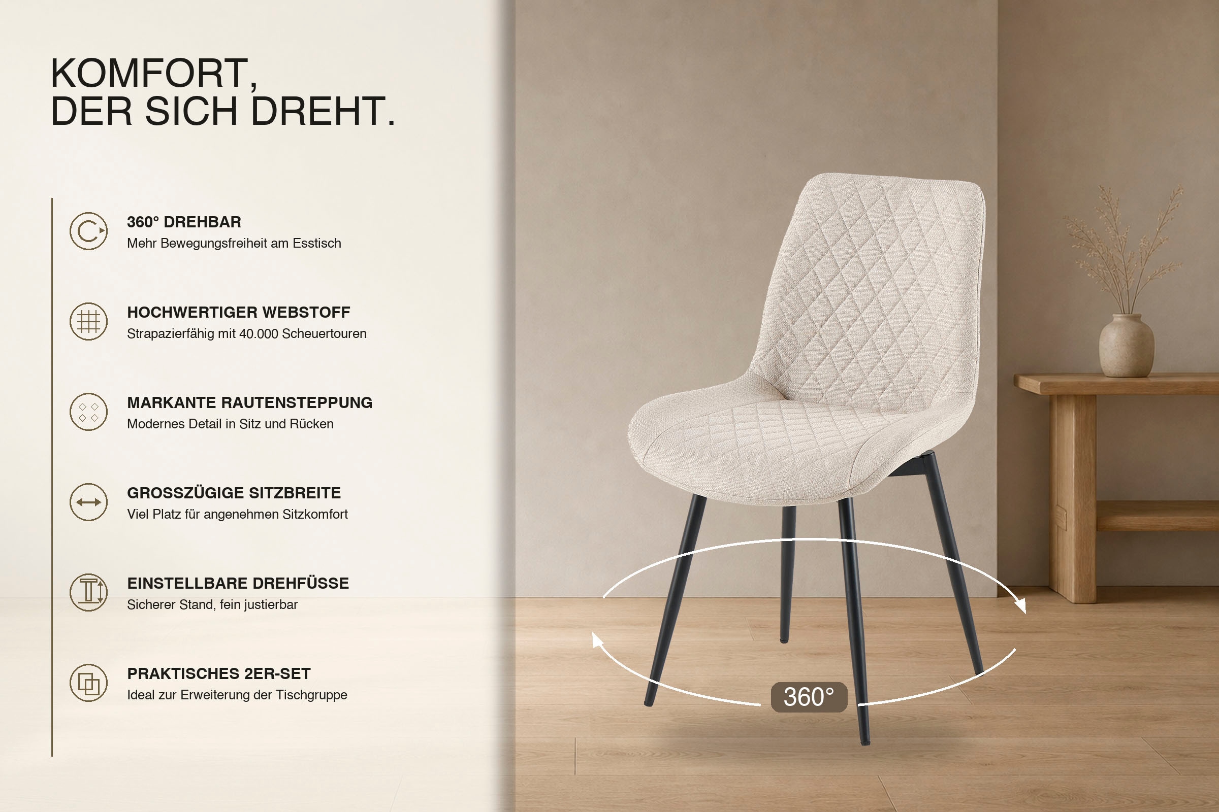 OTTO home Esszimmerstuhl »Juniper, 2er-Set« () 2 Stk.Stuhl aus Webstoff mit moderner Rautensteppung und 360° Drehfunktion