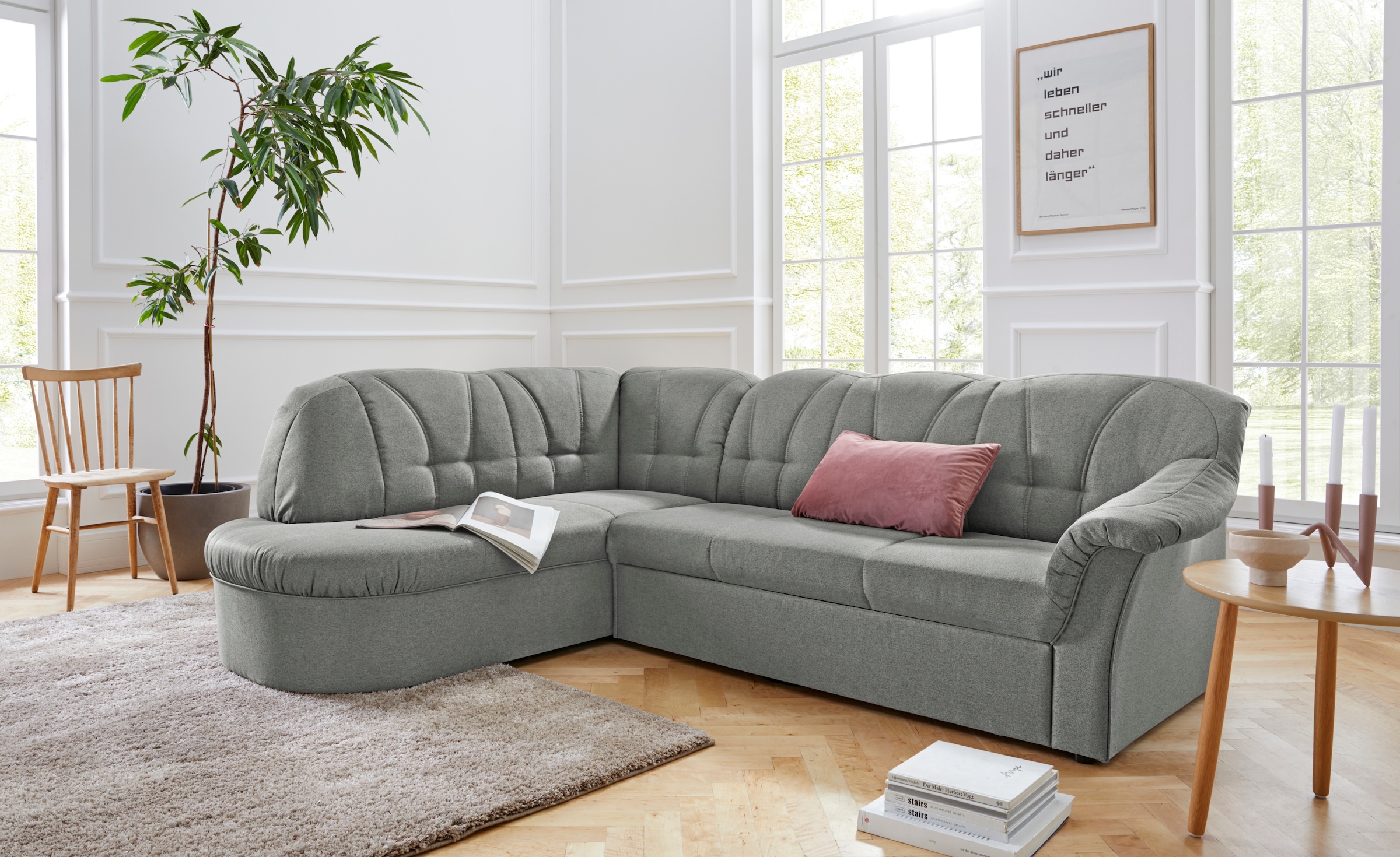 DOMO collection Ecksofa "Pegnitz, zeitlose und elegante Rückensteppung, Breite 246cm, L-Form" wahlweise mit Bettfunktion