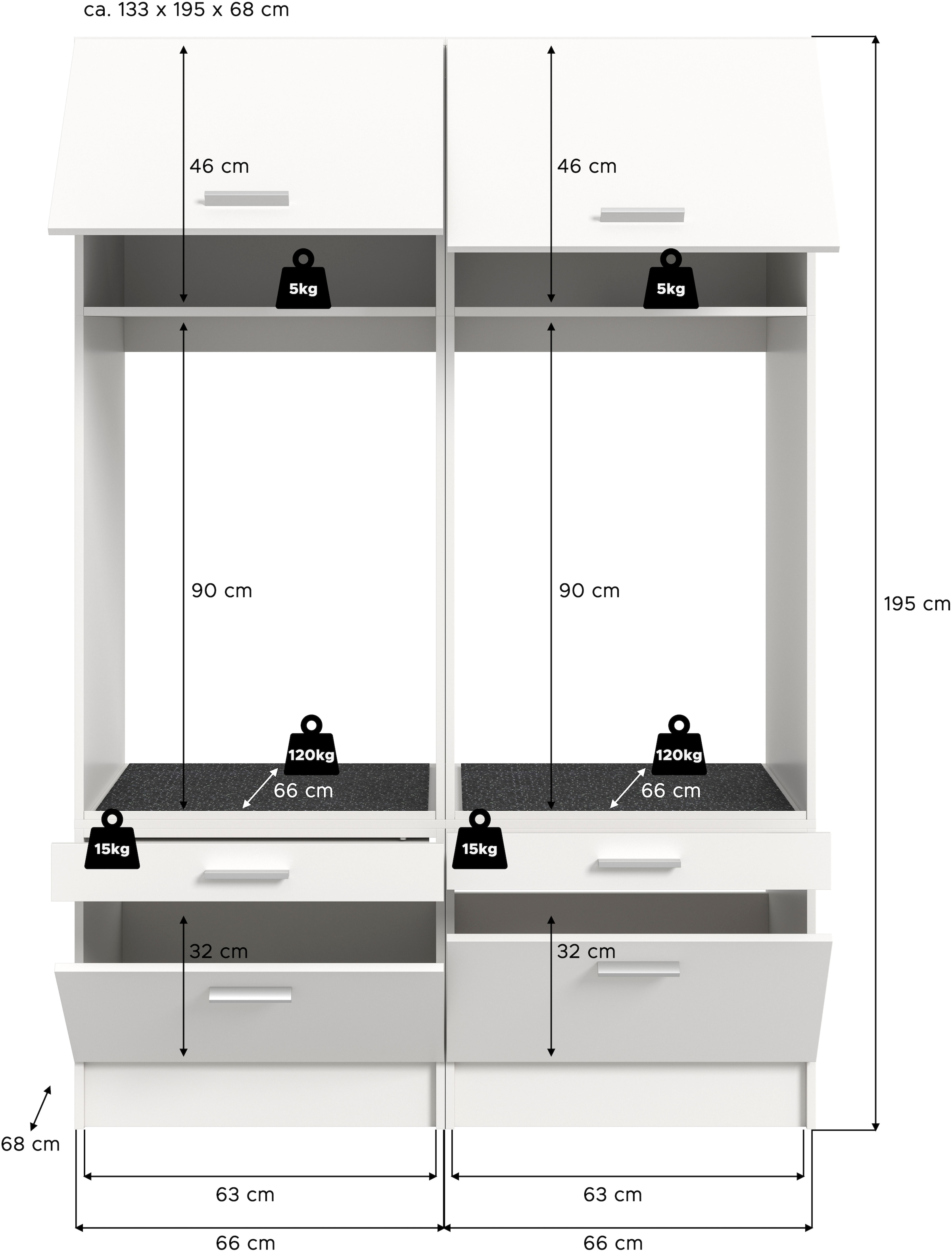 welltime Badmöbel-Set »FALAS, TOPSELLER!, 2-teilig, Hauswirtschaftsraum Set, Breite 133 cm«, (Set, 2 St., bestehend aus: 2x Waschmaschinenumbauschrank, in verschiedenen Farben), Kombination, Waschmaschinenumbau, Waschmaschinenschrank, Wäschekammer