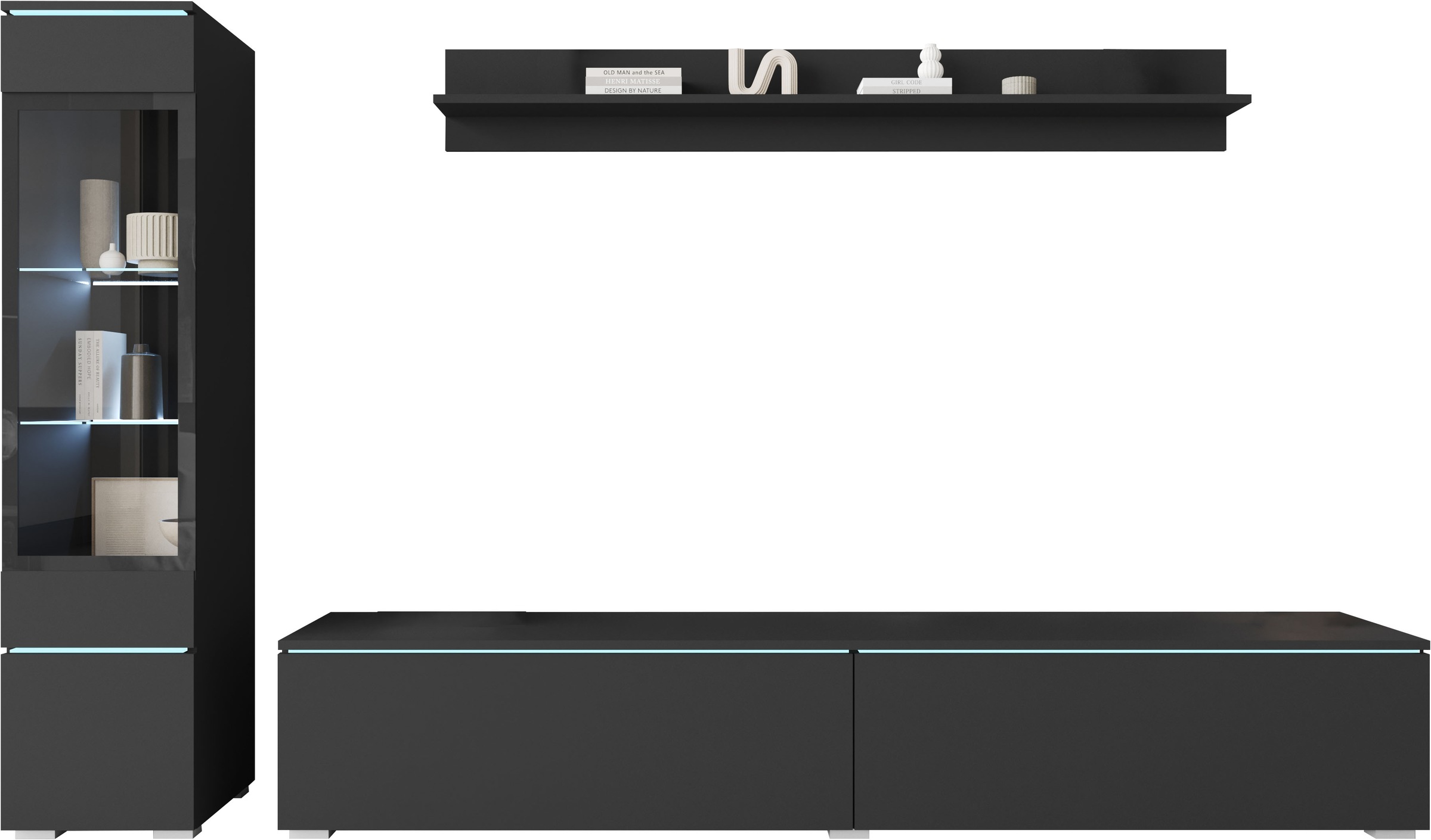 INOSIGN Wohnwand »VERA I, Vitrinen Türanschlag links/rechts wechselbar«, (Komplett-Set, 3 St.), Mediawand 230 cm, Vitrine mit Verglasung, stehend und hängend