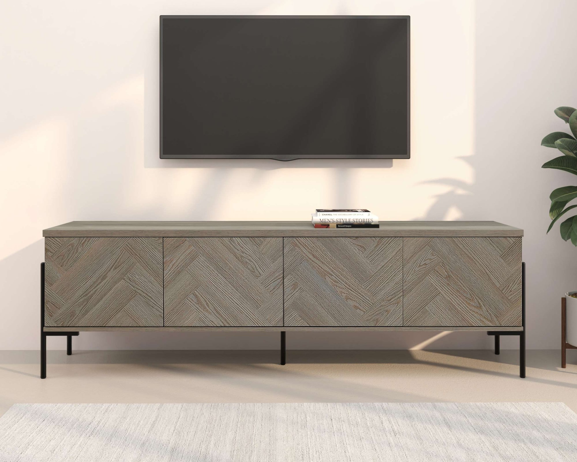 OTTO home Lowboard "Eadwine" TV-Kommode, Push-to-open, Türen mit Fischgräten Muster, Breite 175 cm