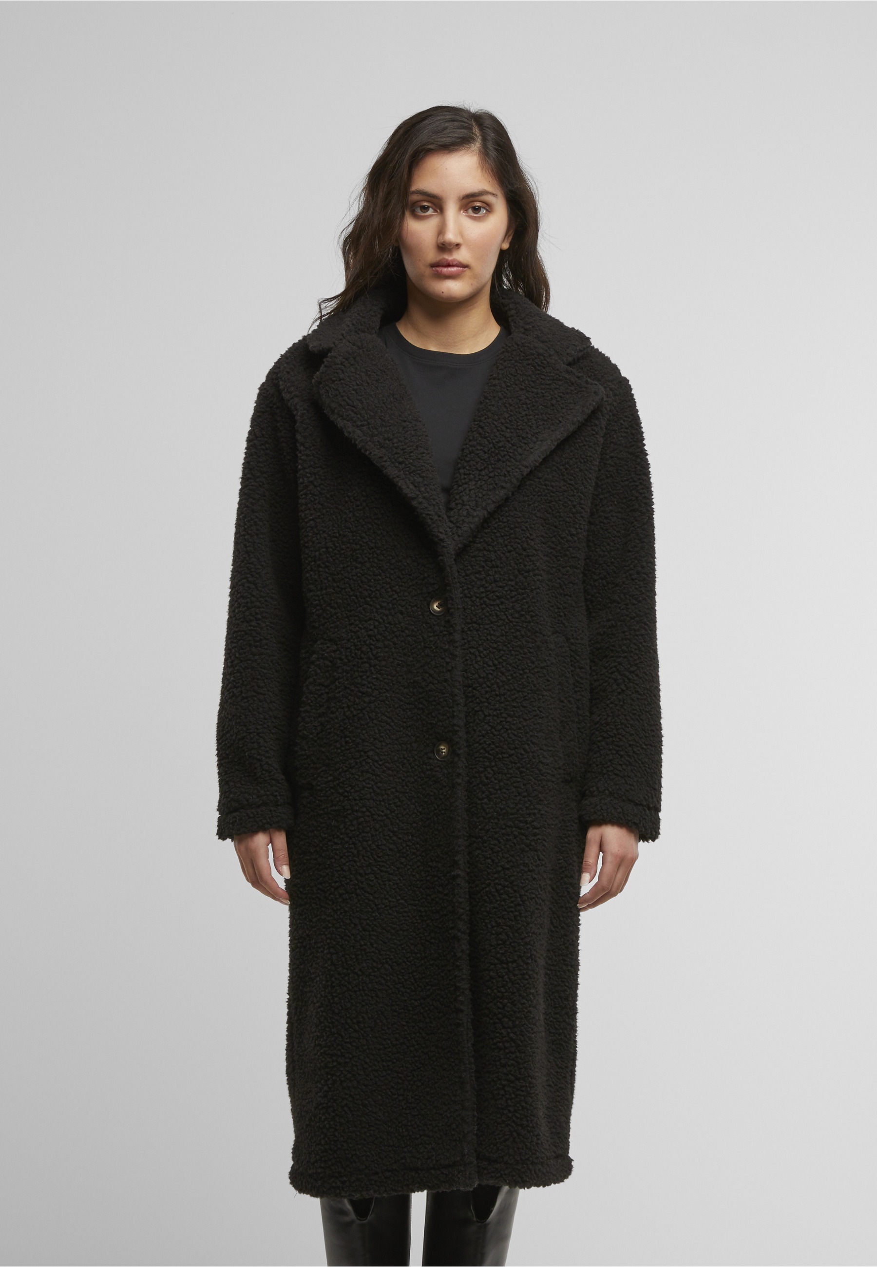 URBAN CLASSICS Winterjacke »Urban Classics Ladies Teddy Long Coat« 1 Stk. tlg. ohne Kapuze