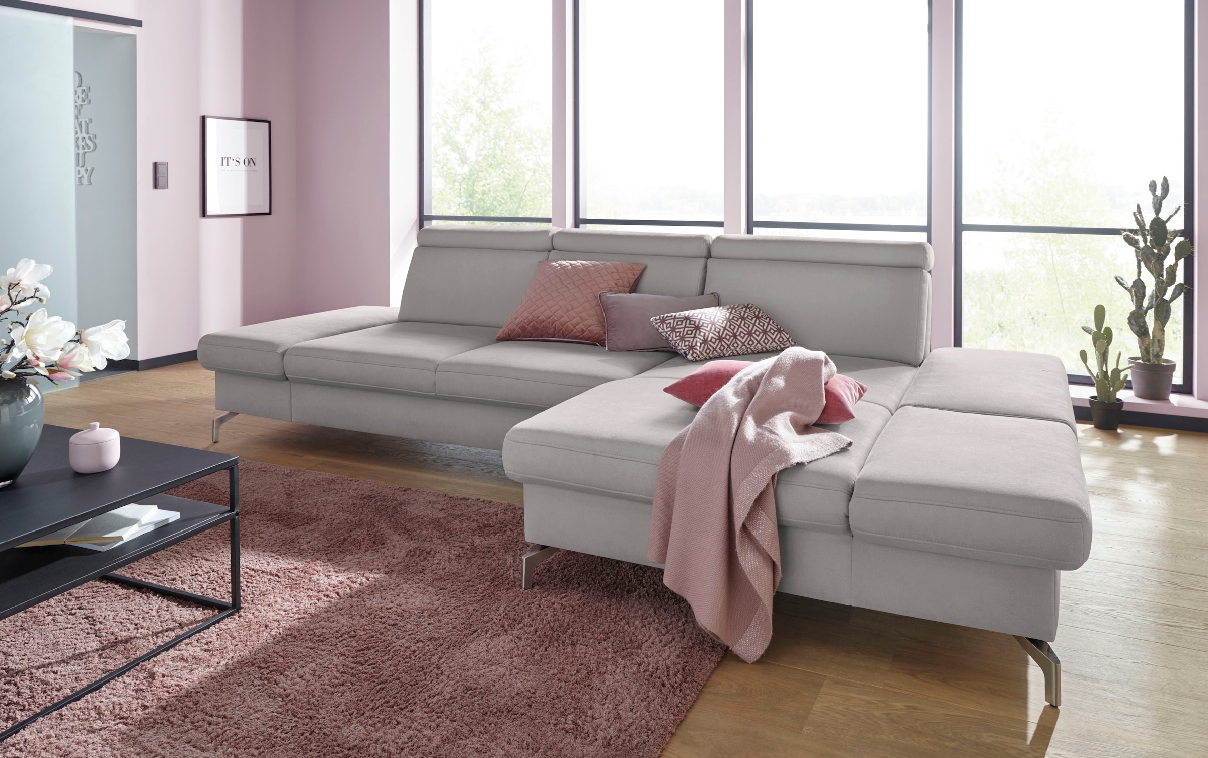 Ecksofa SIT & MORE "Brisbane L-Form", silber, B:319cm T:181cm, Soft clean (98% Polyester, 2% Polyamid), Sofas, Ecksofa, Fußhöhe 12 cm, inklusive Sitztiefen-, Armteil- und Kopfteilverstellung 7
