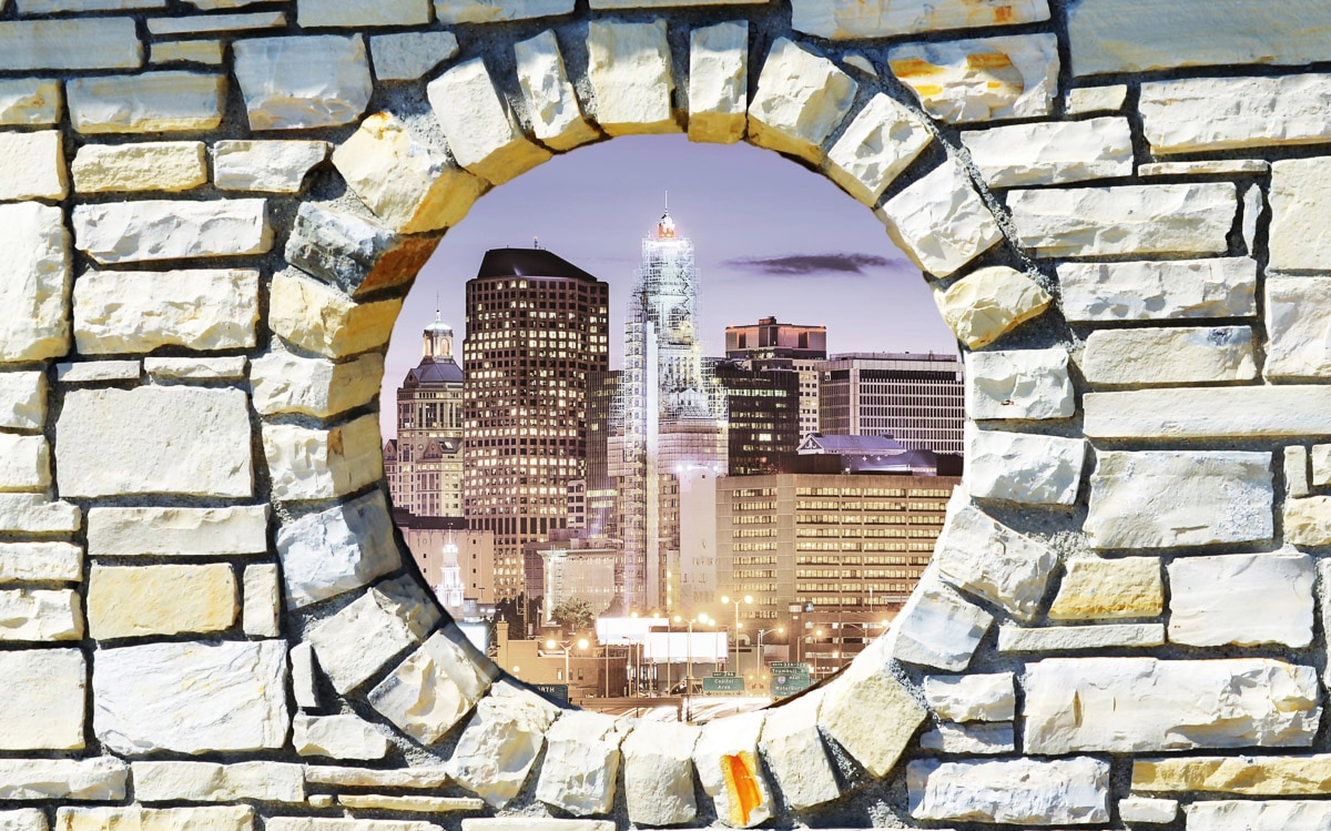 PAPERMOON Fototapete "Stadt hinter Mauer", B/L: 2,5mm x 1,86mm, Bahnen: 5 Stk. St., bunt, Schlafzimmer, Tapeten