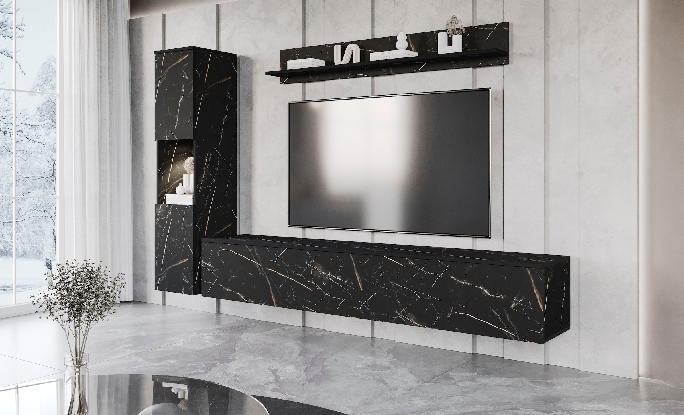INOSIGN Wohnwand »PARIS, Vitrine Türanschlag links/rechts wechselbar«, (Komplett-Set, 3 St.), grifflose Design, stehend und hängend montierbar