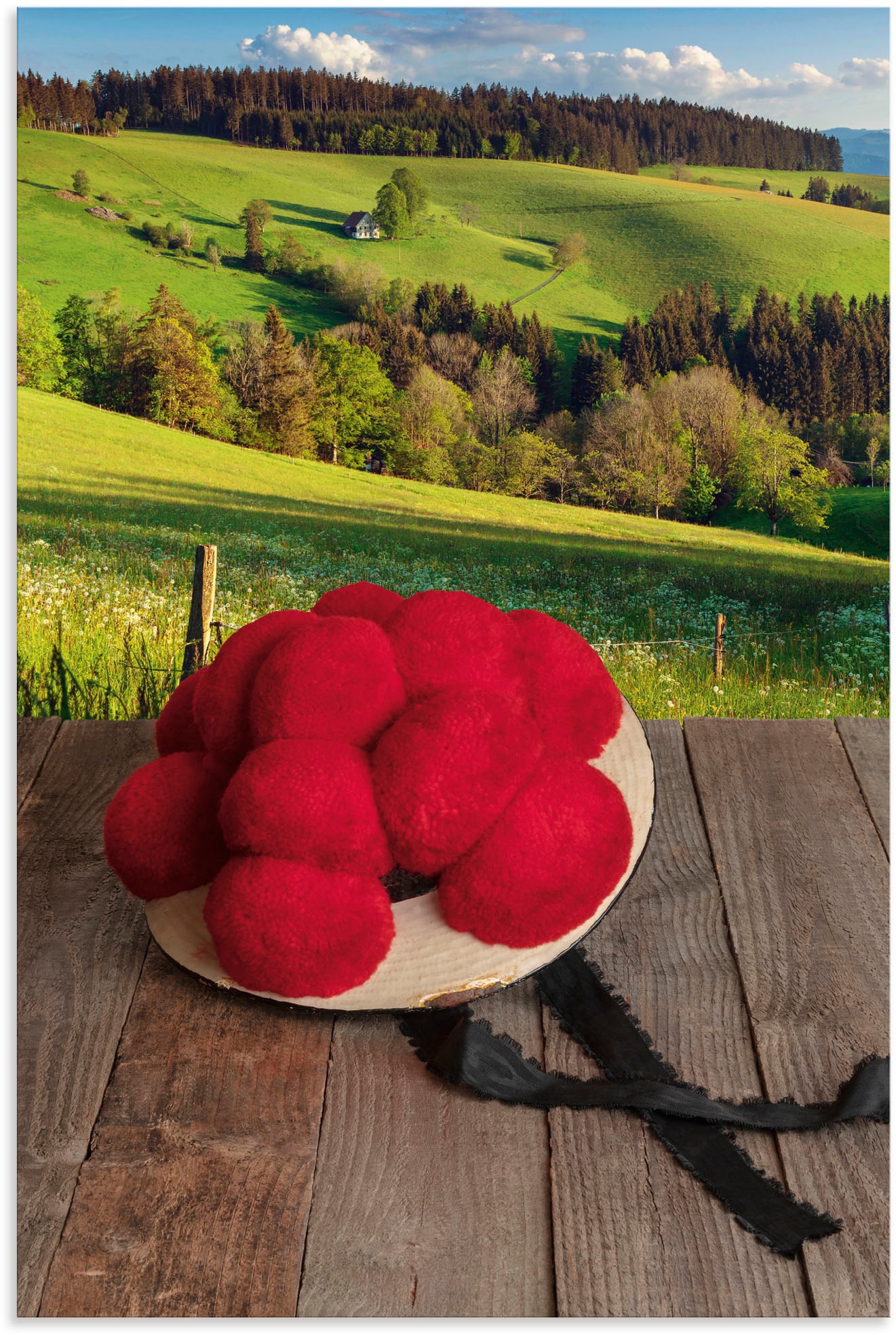 Artland Wandbild "Schwarzwälder Bollenhut auf Holztisch" Wiesen & Baumbilde günstig online kaufen