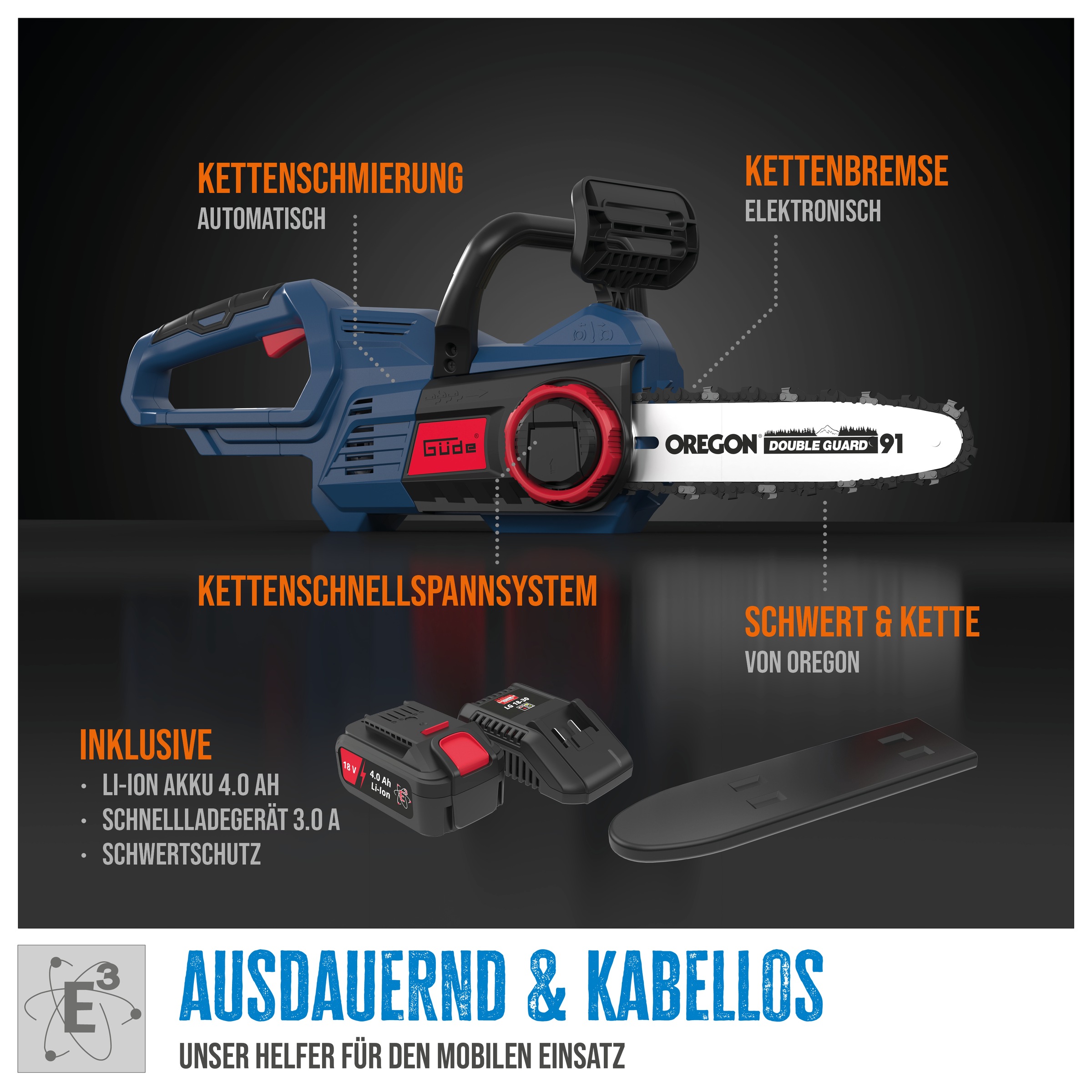 Güde Akku-Kettensäge »»KS 18-401-30««, Inkl. Akku 4Ah und Schnellladegerät 3 A