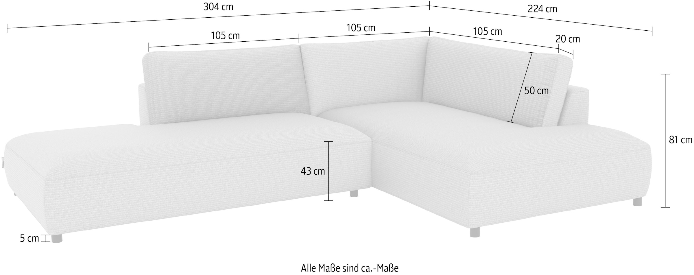 Musterring Ecksofa »Lucia«, mit großem Longchair, verschiedene Farben, B304 x T224 cm