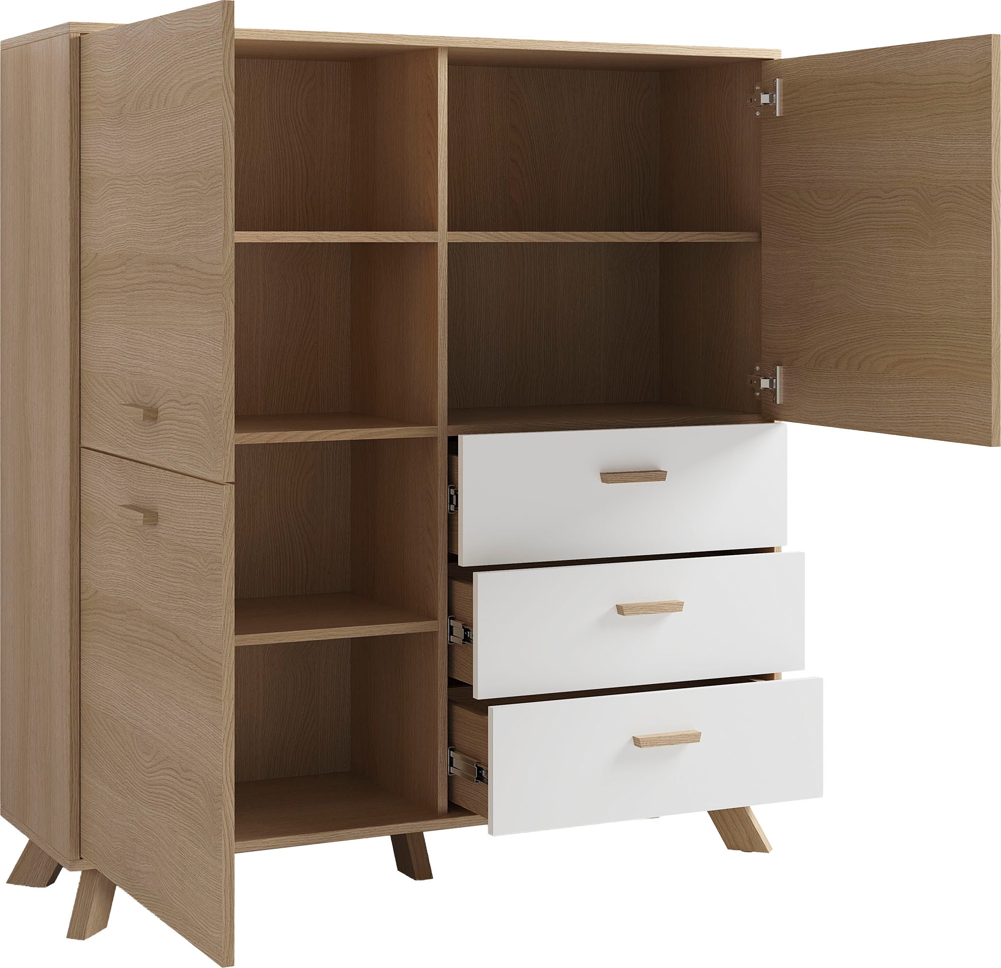 byLIVING Highboard »Bastian« 1 Stk. tlg. mit massiven Holzfüßen und Griffen, natürlicher Eichenlook, 120cm