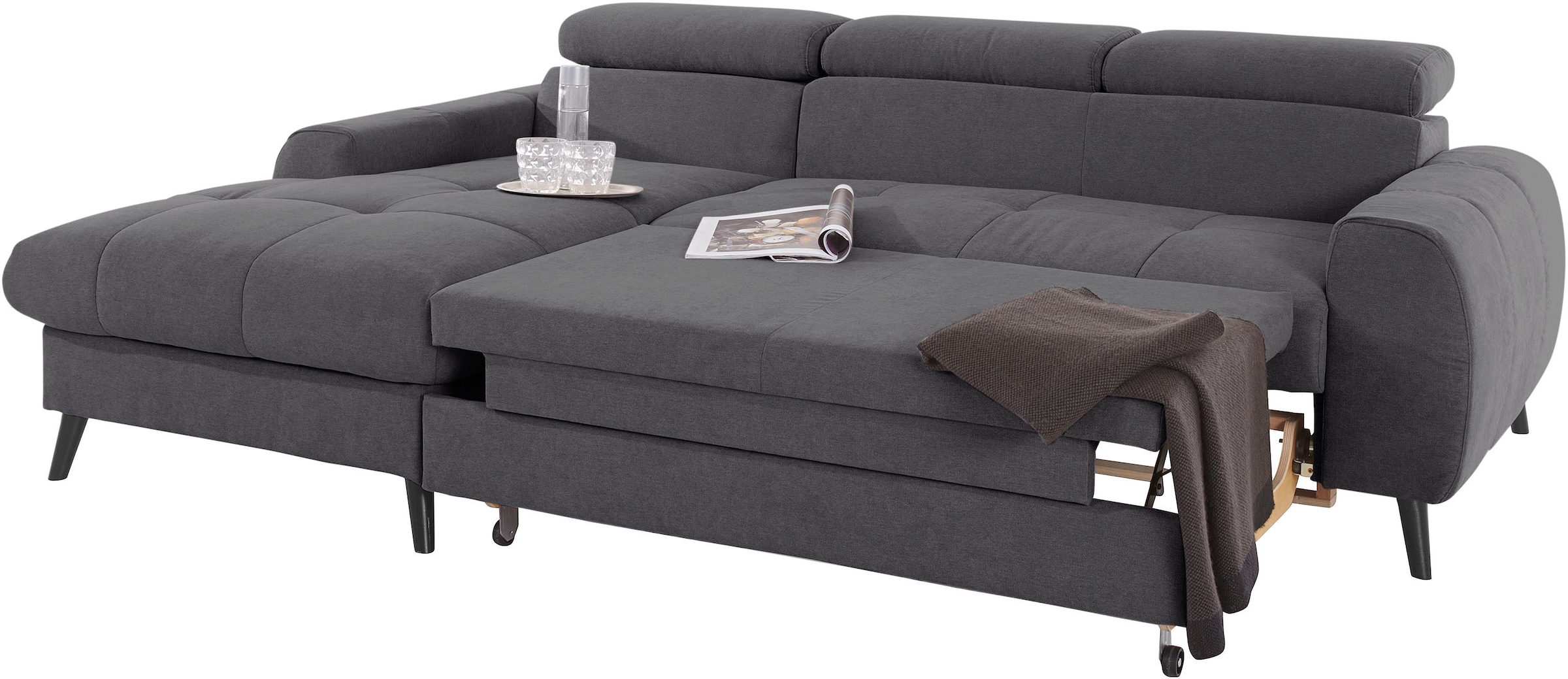 COTTA Ecksofa »Mia L-Form mit 3 Zierkissen«, wahlweise mit Bettfunktion, Bettkasten, Beleuchtung & Wireless-Charger