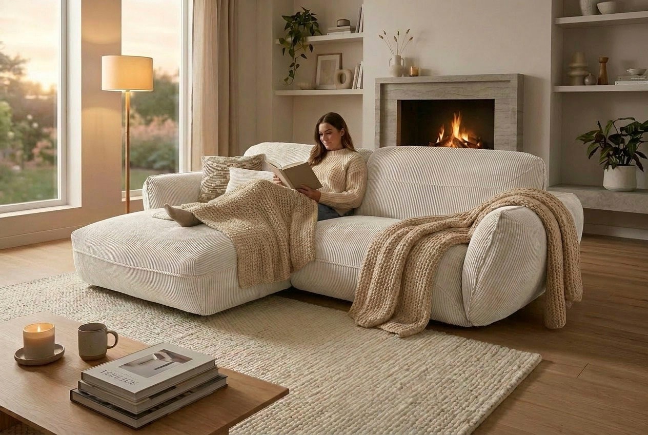 TRENDMANUFAKTUR Ecksofa »Be Chilled, modernes Lounge-Design mit stilvoller Kedernaht« mit softem Sitzkomfort, in hochwertigem Cord mit weicher Haptik