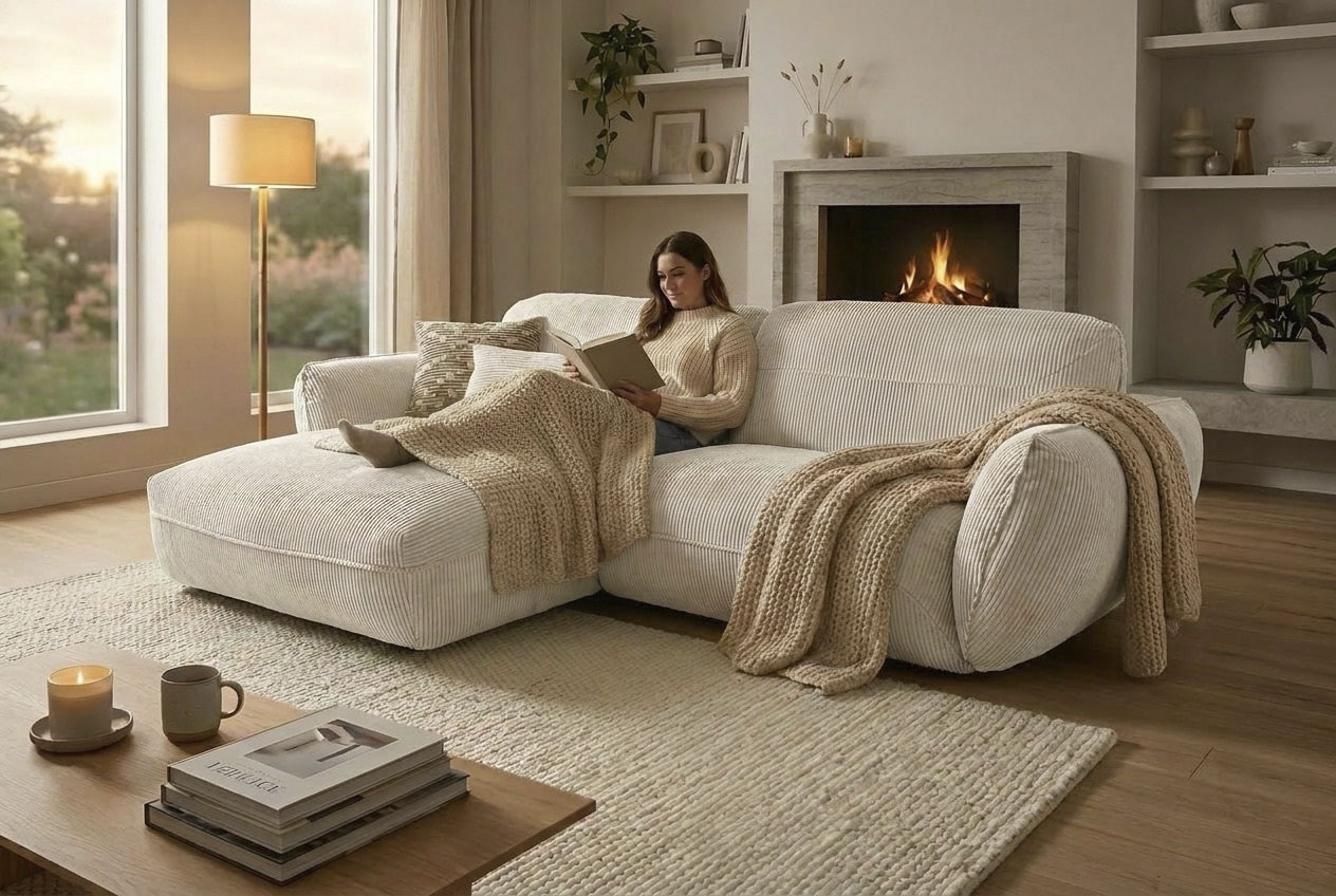 TRENDMANUFAKTUR Ecksofa "Be Chilled, modernes Lounge-Design mit stilvoller Kedernaht" mit softem Sitzkomfort, in hochwertigem Cord mit weicher Haptik