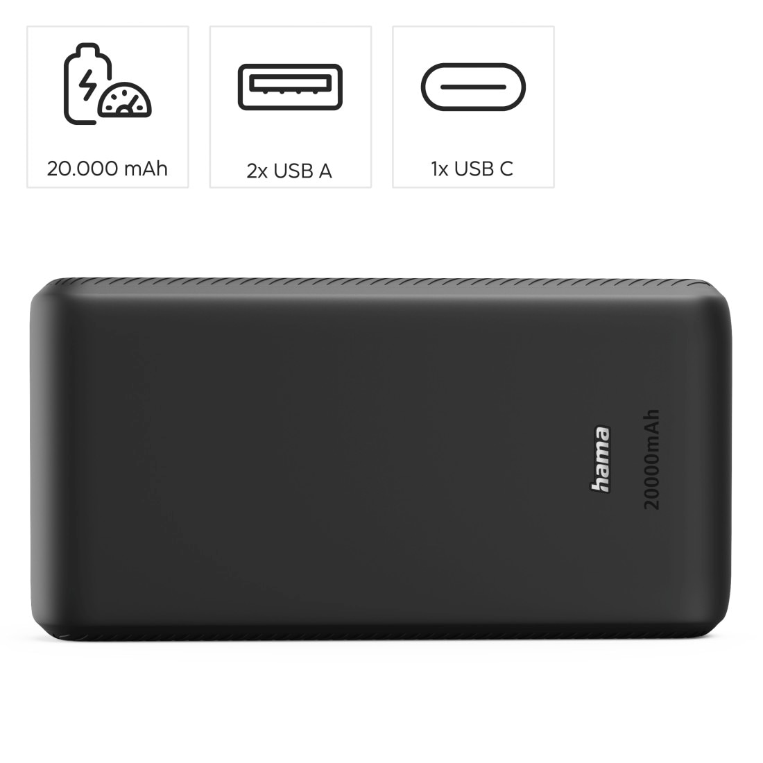 Hama Powerbank »Powerbank 20000 mAh mit USB-C und 2x USB-A Anthrazit« Fast Charge, LED-Display, USB-C, 2x USB-A, Schutzfunktionen