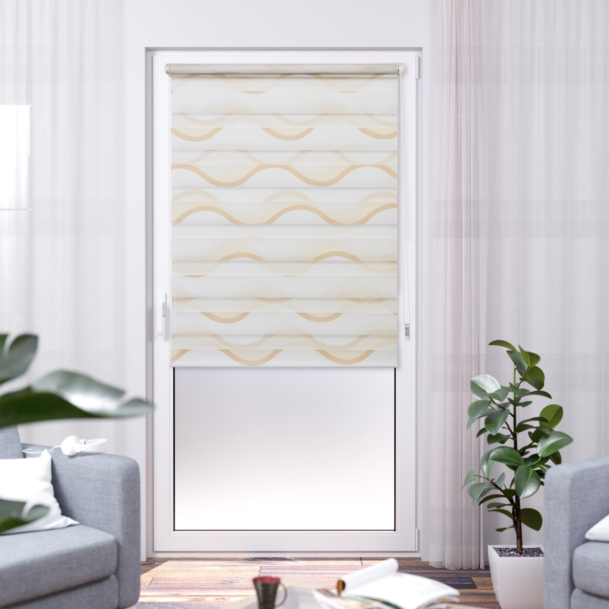 K-HOME Doppelrollo "Wellen Design" Lichtschutz Sichtschutz ohne Bohren freihängend Bedruckt mit Muster