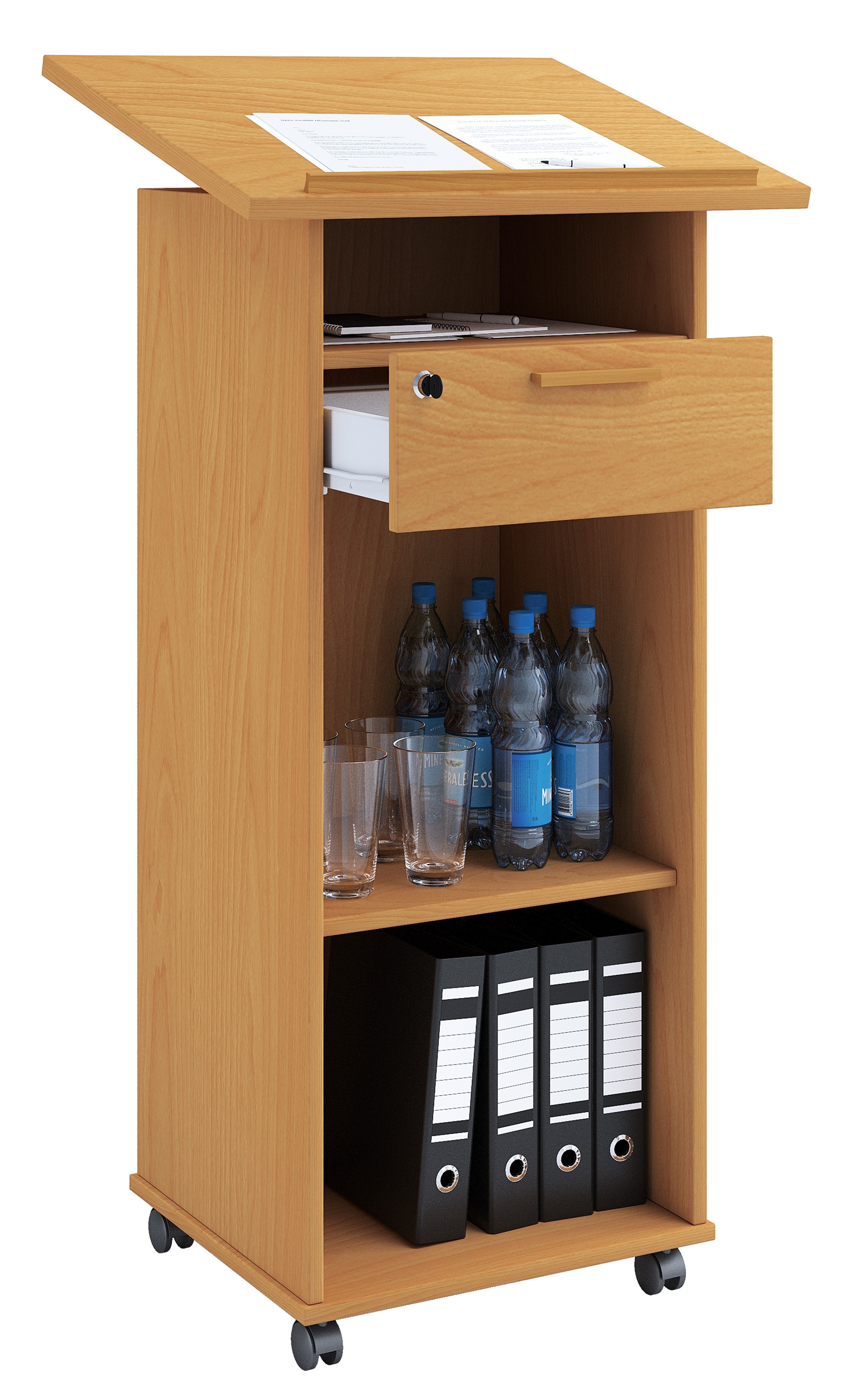 Stehpult VCM "Holz Stehpult Rednerpult Stehtisch Rollen Melta", braun (buche), B:60cm T:50cm, Tische - B/H/T: 60cm x 50cm