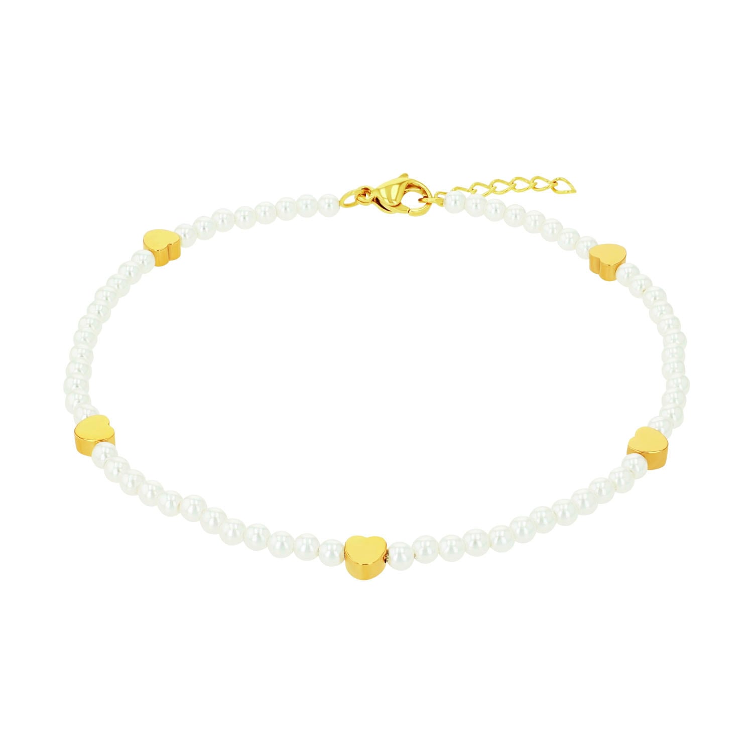 AMOR Fußkette "mit Herzen", Edelstahl Perlengelbgoldfarben, weiß, Edelstahl, Perlen, Fußketten, mit Glasperle