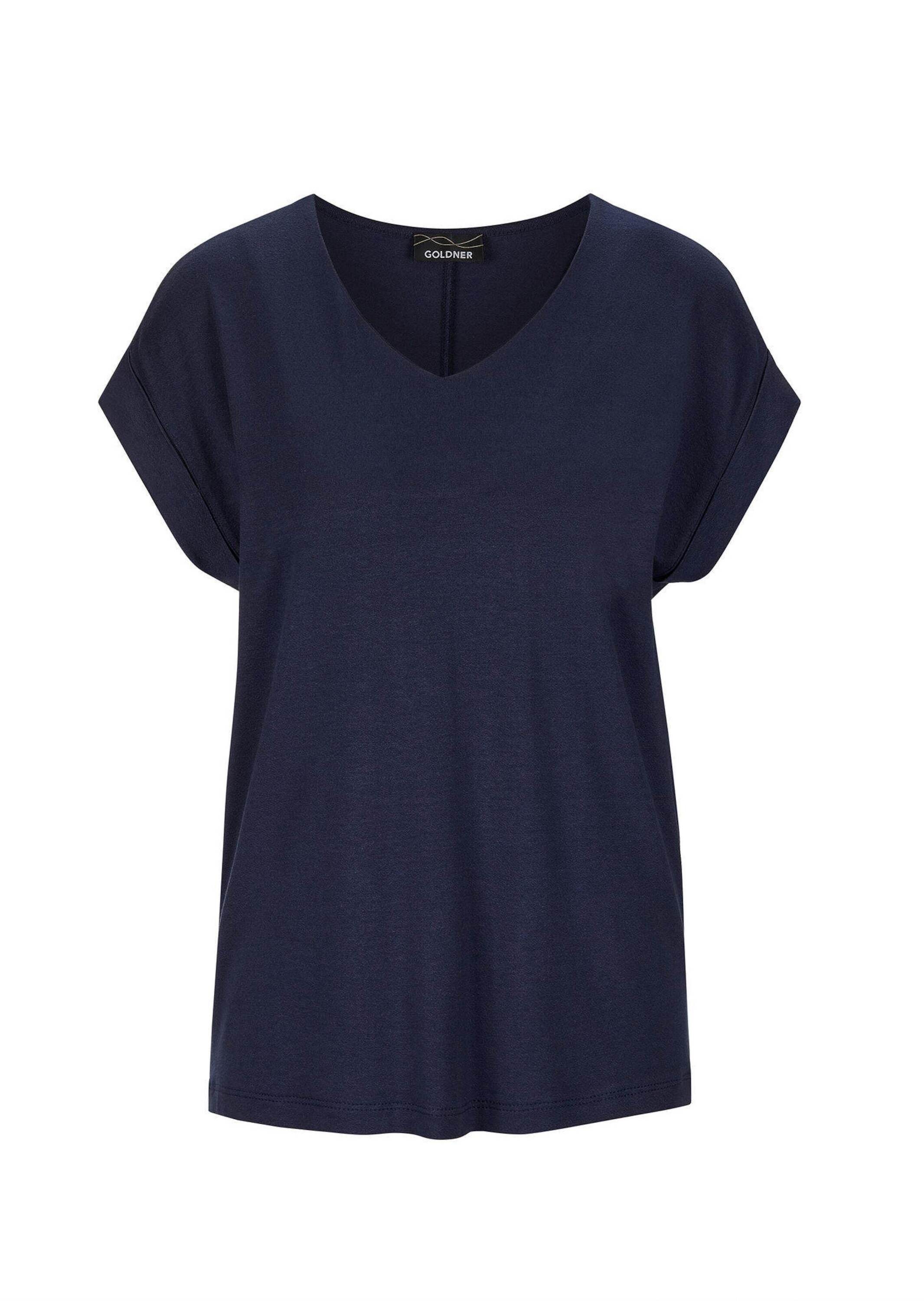 Kurzarmshirt GOLDNER "Kurzgröße Uni leichtes Shirt Viertelarm", Damen, Gr. 23, blau (marine), Obermaterial: 94% Viskose CV. 6% Elasthan EL., Basic, figurumspielend, mit Aufschlag, Shirts, kleiner Aufschlag am Armabschluss