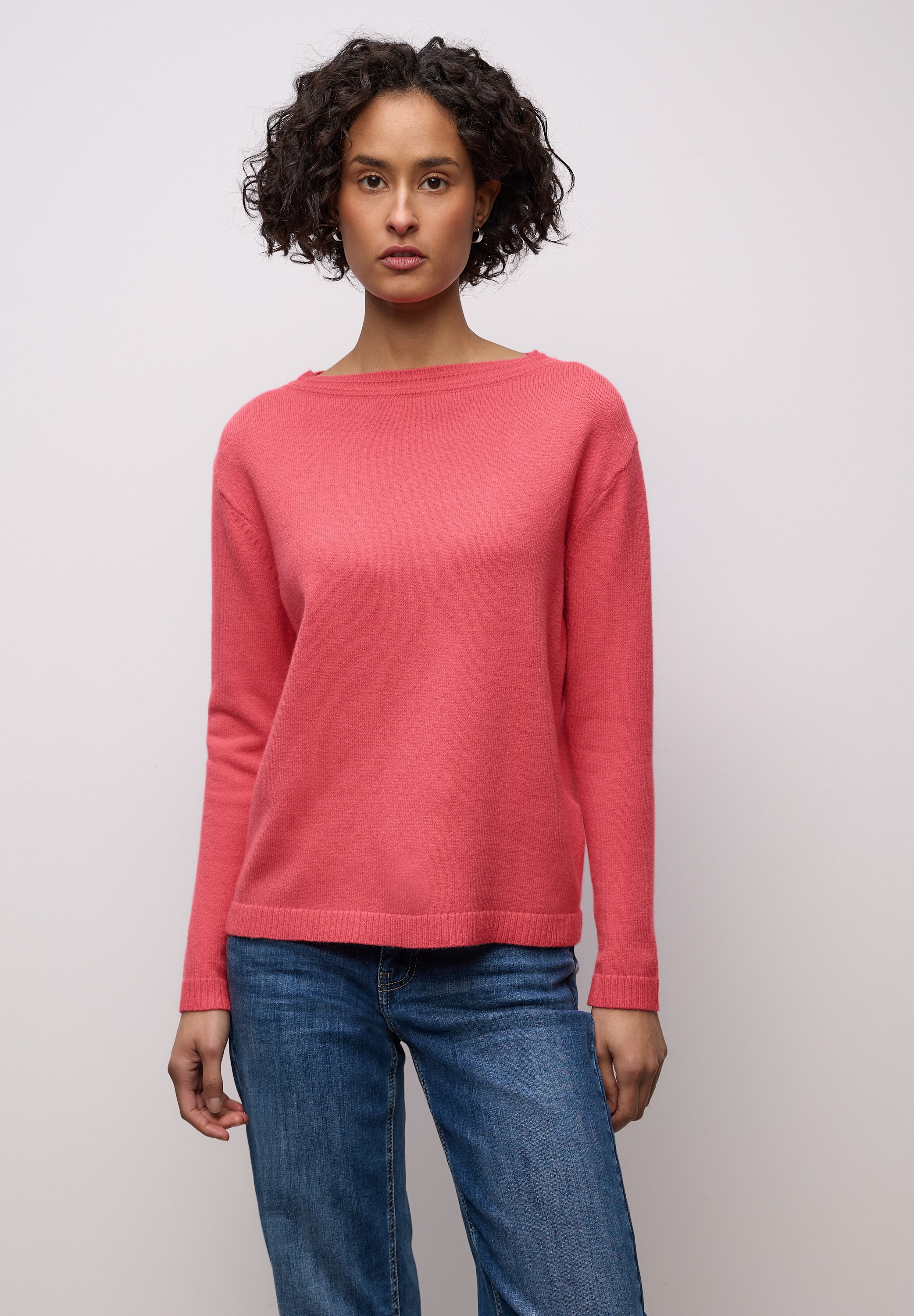 Strickpullover STREET ONE, Damen, Gr. 46, striking coral, Stoff, 30% Polyester, 29% Polyacryl, 21% Viskose, 20% Nylon, unifarben, comfort fit normal, U-Boot-Ausschnitt, Bündchen, Pullover Strickpullover, soft