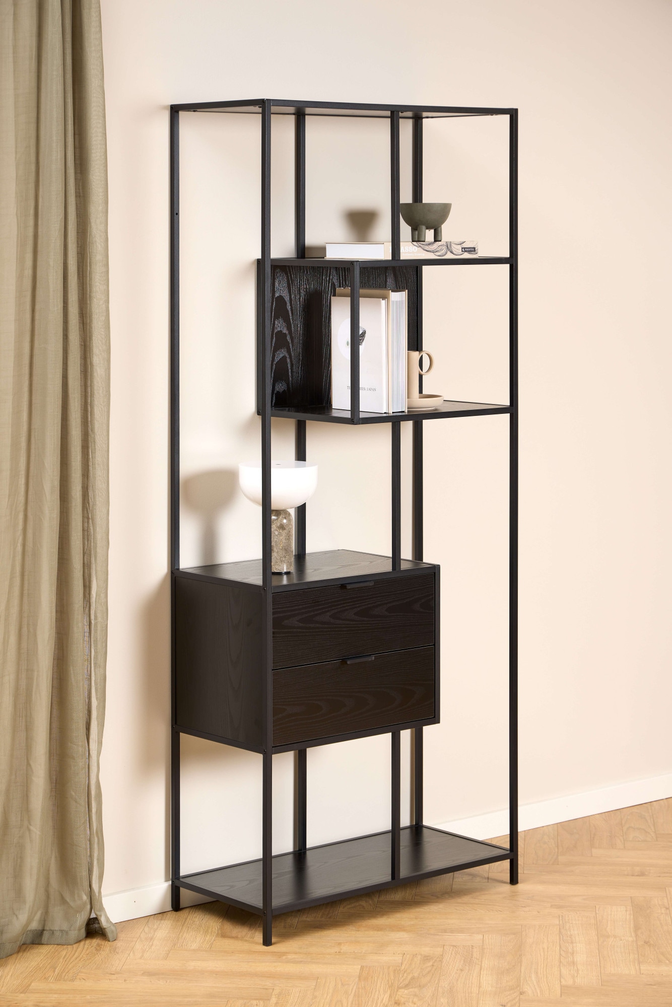 ACTONA GROUP Regal "Seaford, Standregal, Regal, Raumteiler" 77x35x185 cm, schwarzer Stahlrahmen, 2 Schubladen, Wendemodul, Breite 77 cm