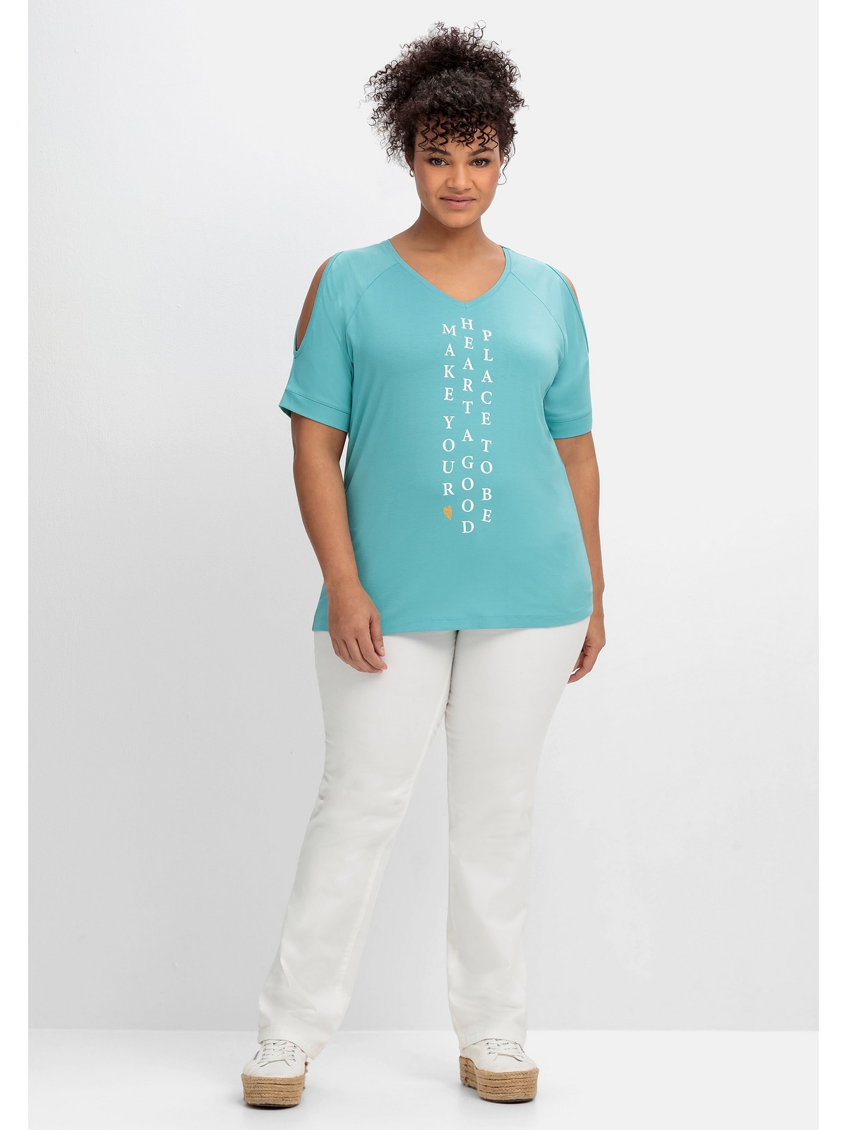 Sheego T-Shirt »Große Größen«, mit Wordingprint und Schulter-Cut-outs