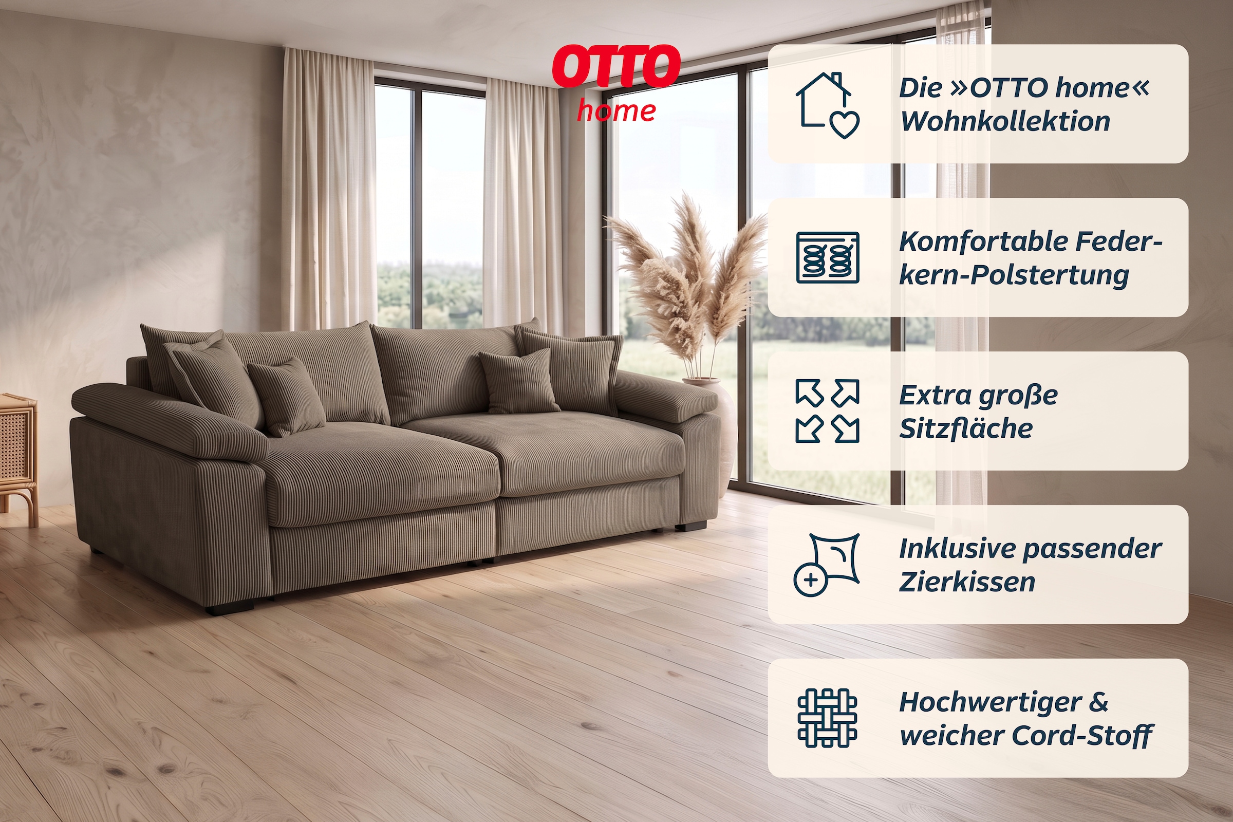 OTTO home Big-Sofa »Soft&Cosy XL, B: 246 cm - OTTO. Verlässliche Qualität.« Mega-Sofa, Cord oder Chenille-Struktur, mit Federkern & 4 Zierkissen