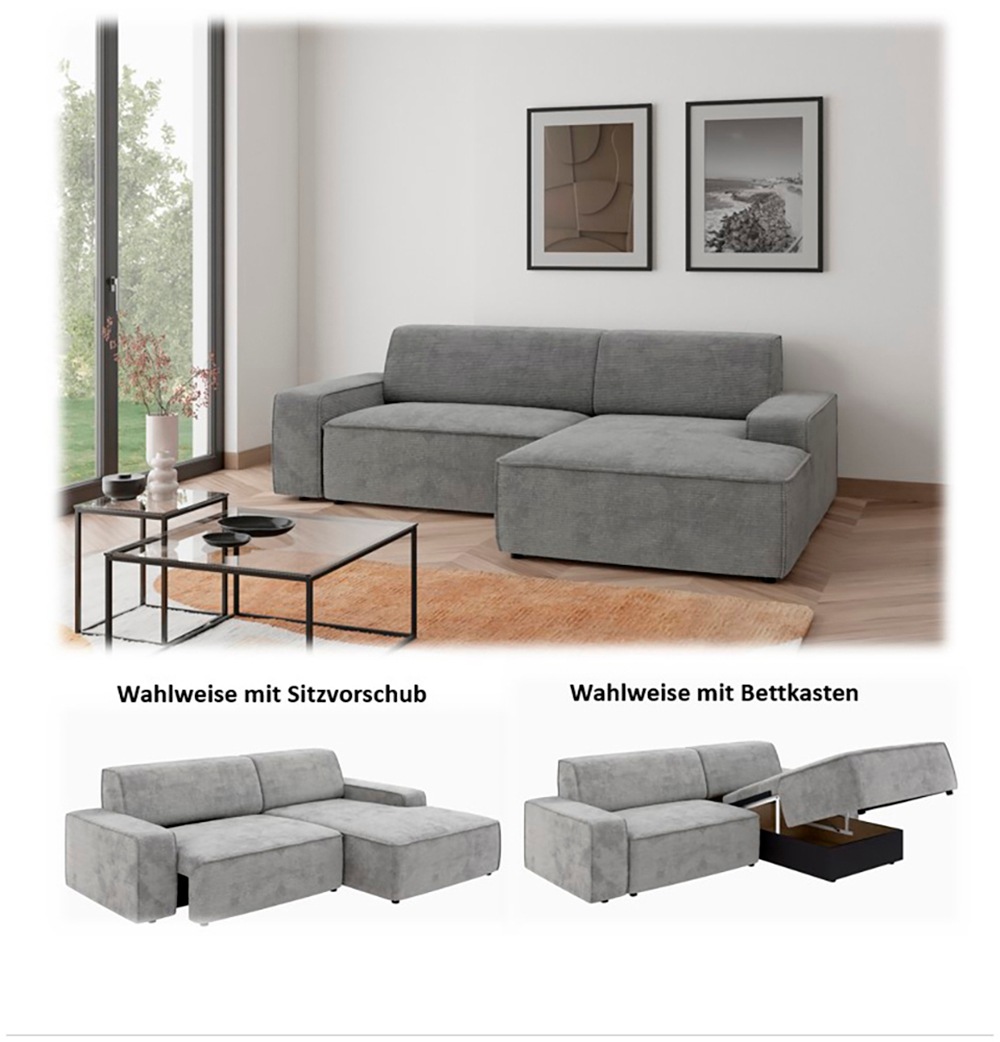 TRENDMANUFAKTUR Ecksofa »Graz, wahlweise mit Sitzvorschub und Bettkasten, L-Form, Breite 246 cm«, in Cord-, haustierfreundlichem LEO Struktur- oder LUMOS-3D-Bezug