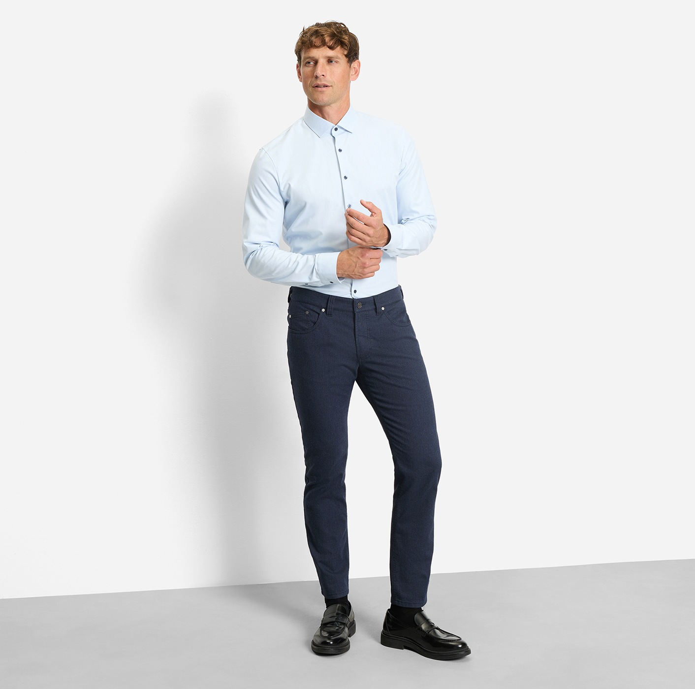 Businesshemd OLYMP "No. Six super slim", Herren, Gr. 44, N-Gr, blau (bleu), Jersey, Obermaterial: 64% Baumwolle, 27% Polyester, 9% Elasthan, Hemden, Jersey-Hemd 6