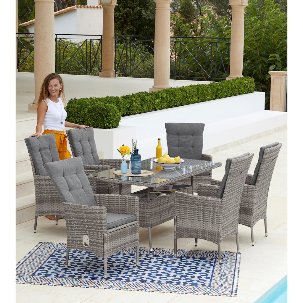 KONIFERA Garten-Essgruppe »Belluno«, (Set, 13 tlg., 6x Sessel, Tisch 150x80x 71,5 cm, Polyrattan, inkl. Auflagen), 2 der 6 Sessel stufenlos verstellbar, Stauraum unter dem Tisch, Grau