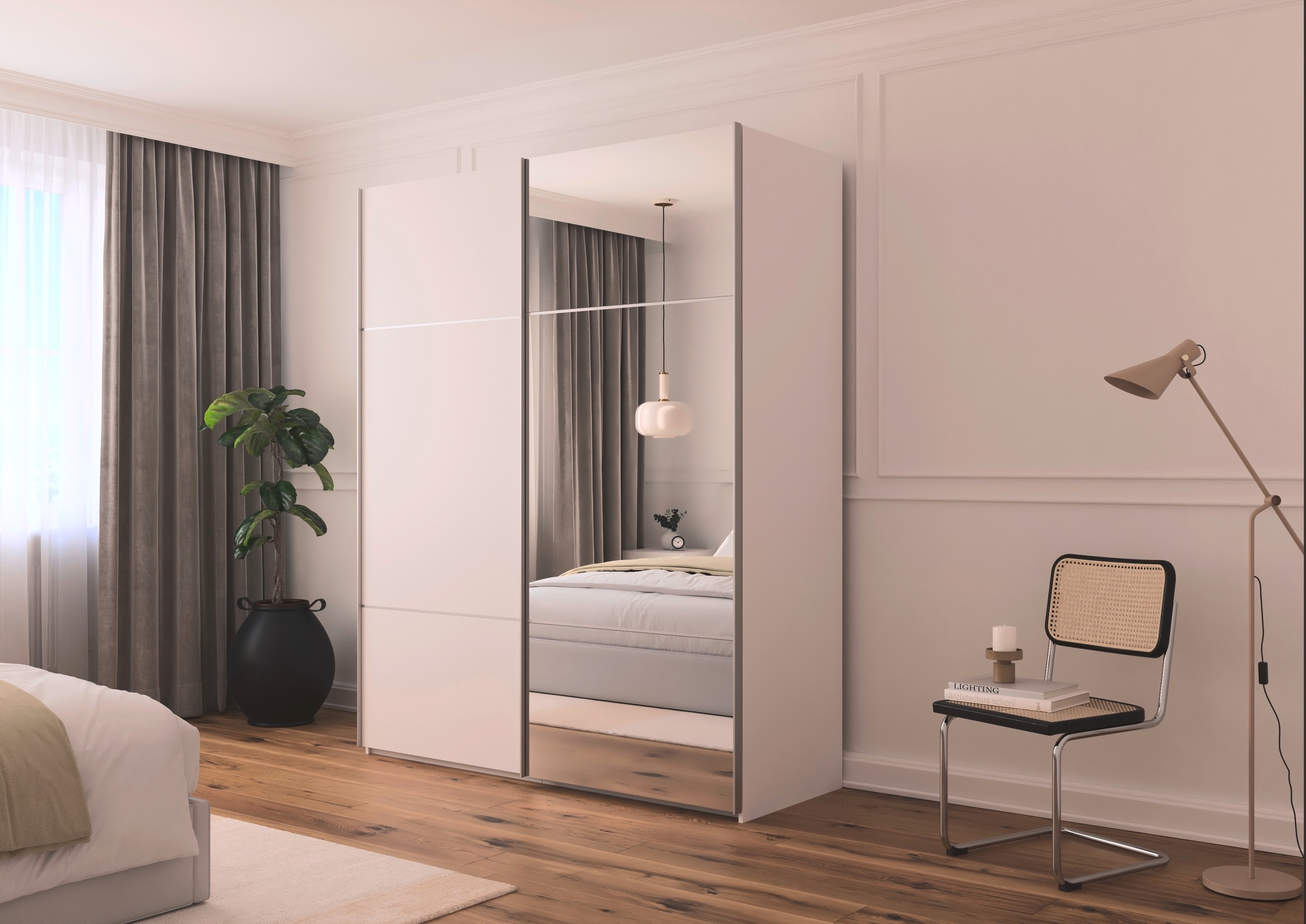 rauch Schwebetürenschrank »Kleiderschrank Schrank Garderobe Schlafzimmerschrank SCALE-TRIO«, edle dreigeteilte Front mit 2 Zierleisten und Spiegel MADE IN GERMANY
