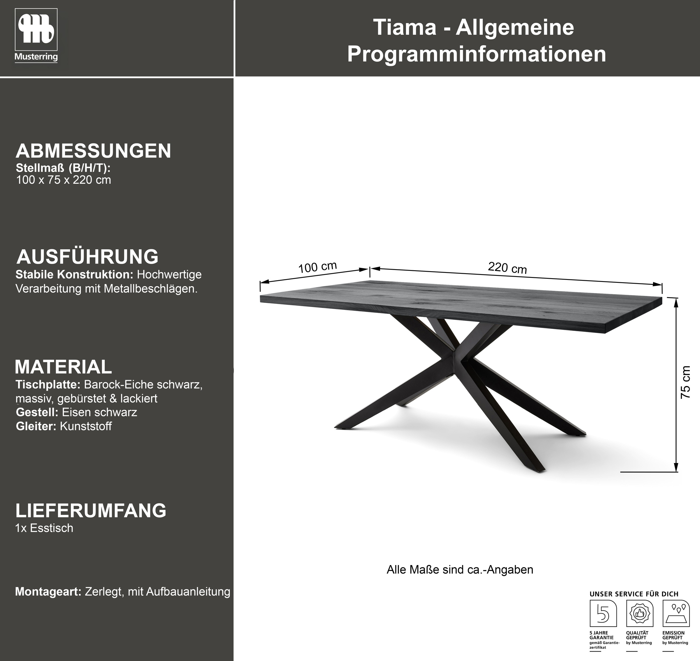 Esstisch MUSTERRING "Tiama", schwarz (schwarz, schwarz, schwarz), B:220cm H:76,5cm T:100cm, Tische, Esstisch, mit fester Platte in Barock-Eiche massiv, 40mm, Eisengestell schwarz 3