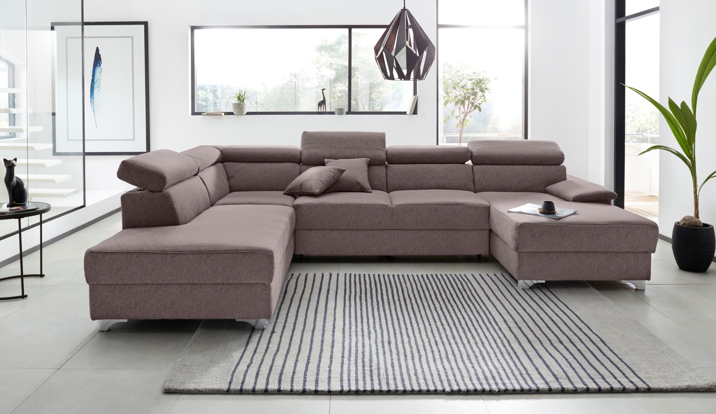 DOMO collection Wohnlandschaft »Mira, inklusive Kopfteilverstellung für mehr Wohlfühlkomfort, U-Form«, wahlweise mit Bettfunktion und Bettkasten, elegant und modern