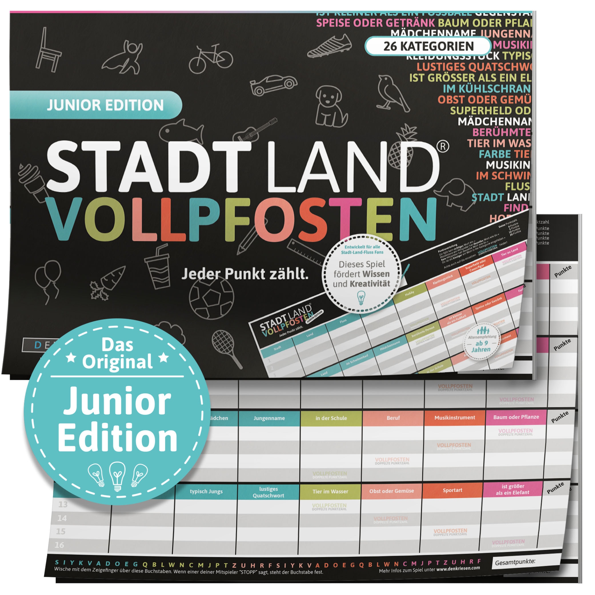 DENKRIESEN Kinder Spiel "Stadt Land Vollpfosten, Junior Edition A4 Block", bunt, Spiele, Made in Germany