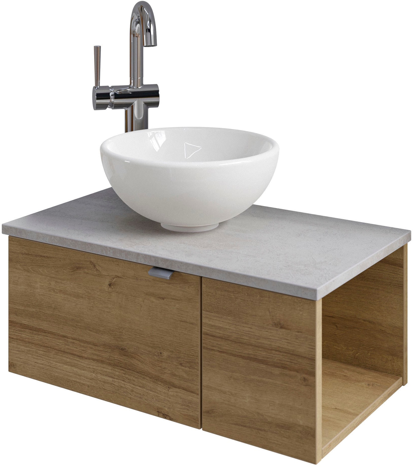 Saphir Waschtisch "Serie 6915 Waschschale mit Unterschrank für Gästebad, Gäste WC" Keramik-Aufsatzbecken, Waschtischplatte, Waschtischunterschrank, 3 Stk. tlg. 61 cm breit, 2 Türen, offenes Fach, kleine Bäder, ohne Armatur