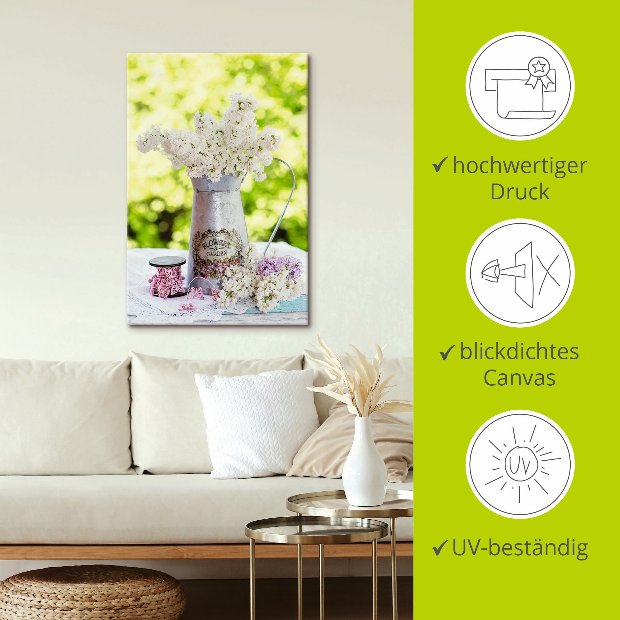 Artland Wandbild »Flieder und Shabby Chic Stillleben«, Blumen, (1 St.), als Alubild, Outdoorbild, Leinwandbild, Poster, Wandaufkleber