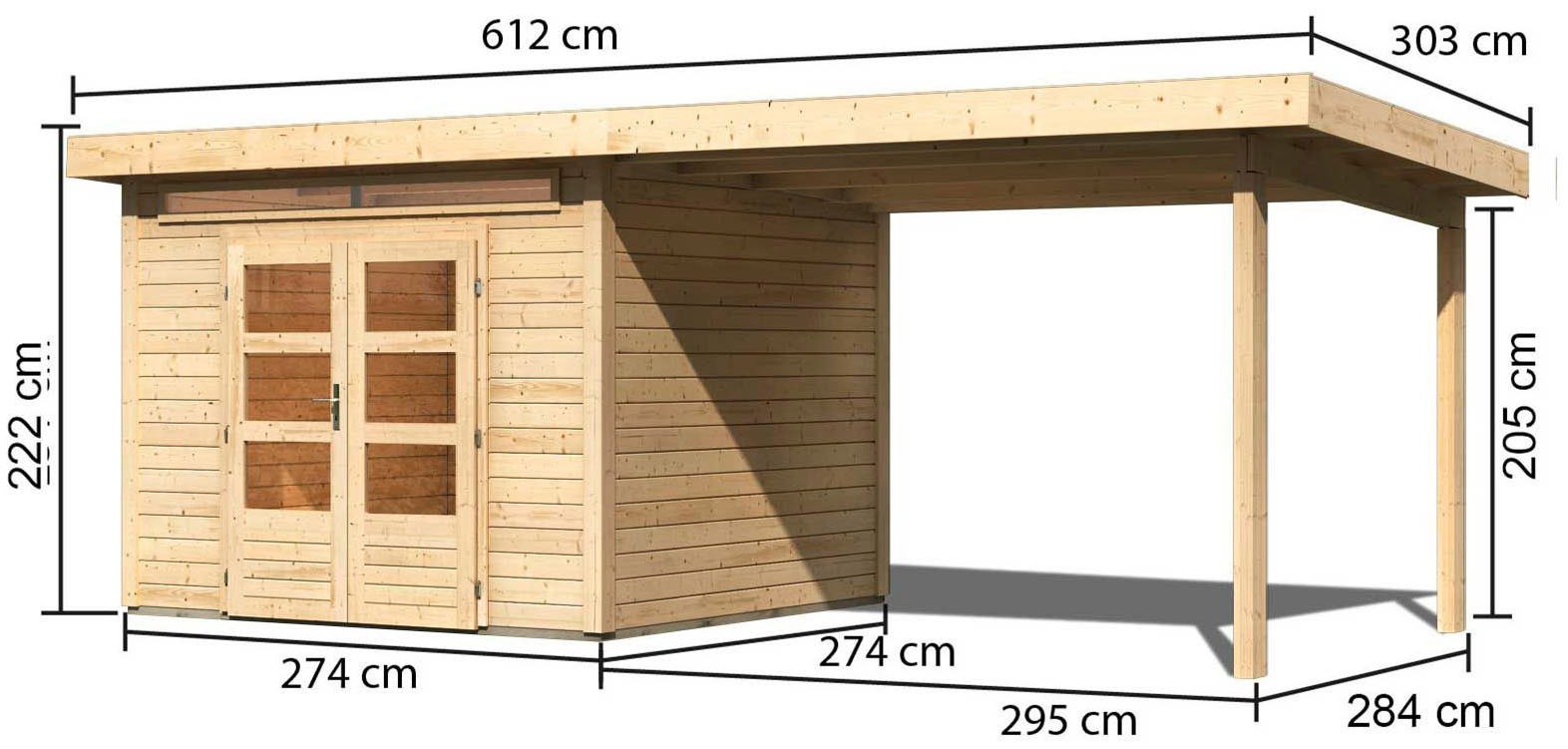 KONIFERA Gartenhaus »"Karlshöfen 6" SET naturbelassen mit Anbaudach 3,2 m«, aus hochwertiger nordischer Fichte