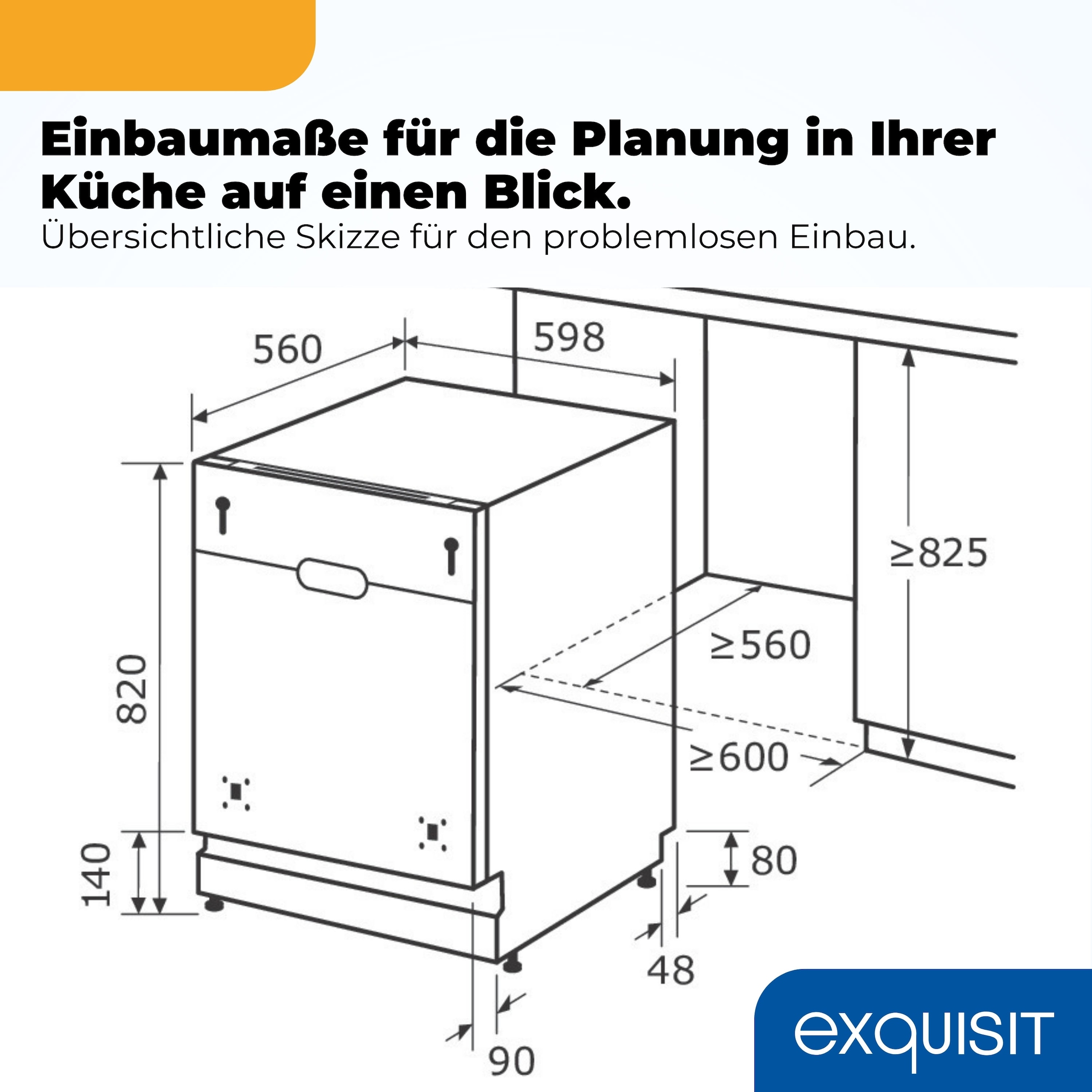 exquisit vollintegrierbarer Geschirrspüler 9616 »EGSP9616-E-450B schwarz« 10,9 l 16 tlg. Maßgedecke 16 Maßgedecke & flüsterleise 42 dB – stark und angenehm ruhig