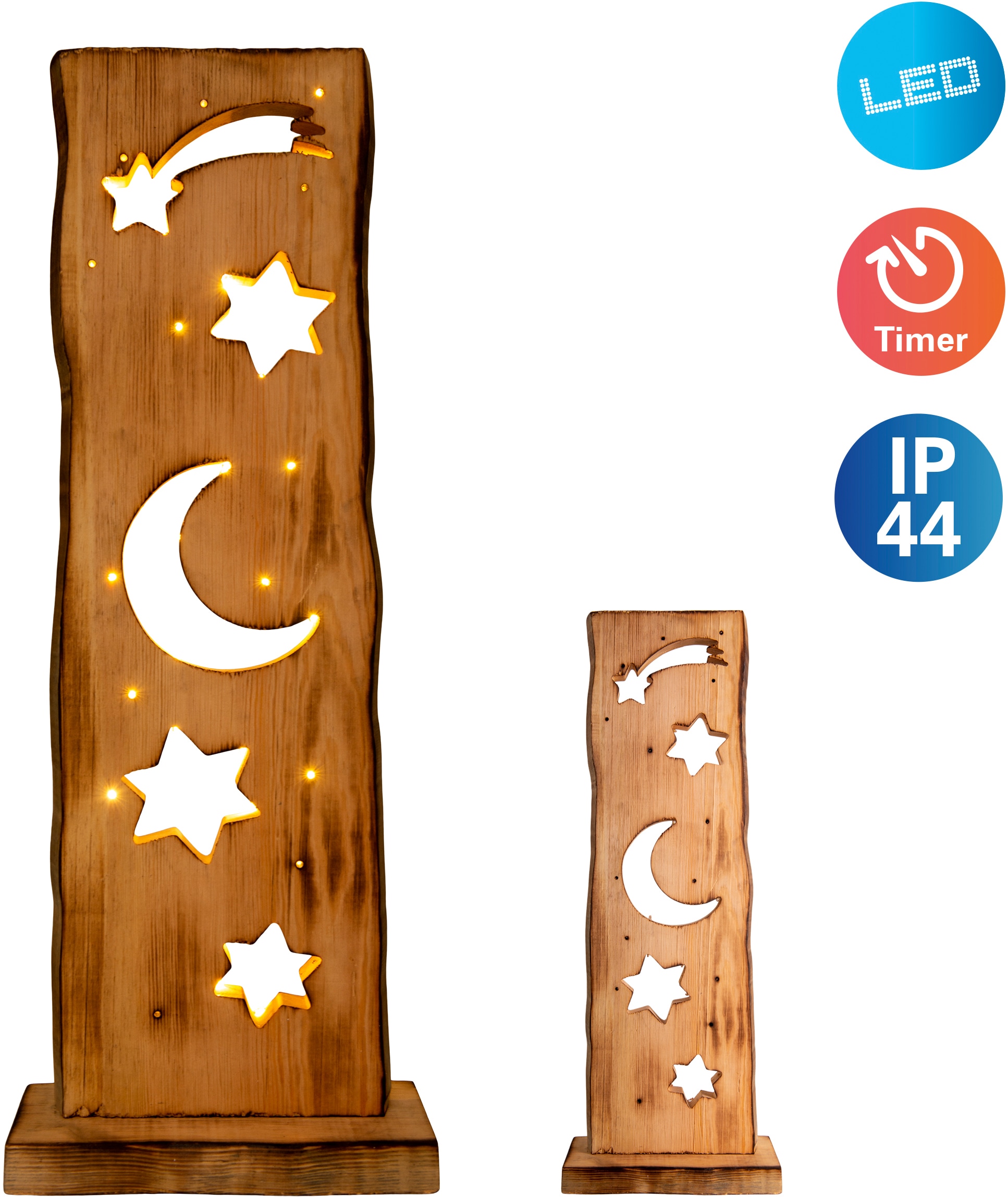 näve LED Dekoobjekt »Light Moon/Stars«, 1 flammig, Für Aussenbereich geeignet, incl. Timer (6h an und 18h aus), aus Holz