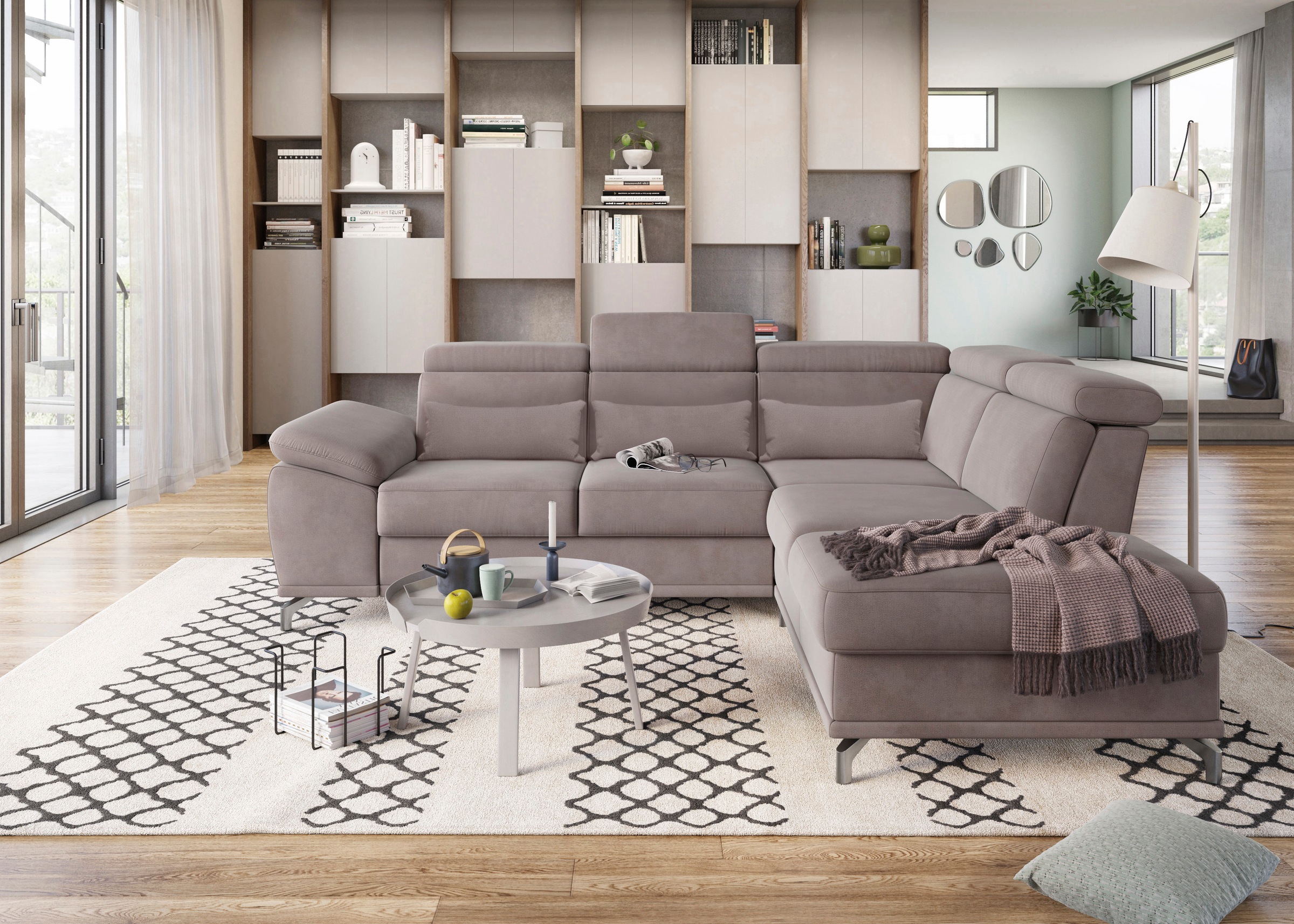 sit&more Ecksofa »Cabrio L-Form, mit Sitztiefenverstellung, Arm- und Kopfteilverstellung«, 3 Nierenkissen, Federkern, optional Bettfunktion und Stauraum