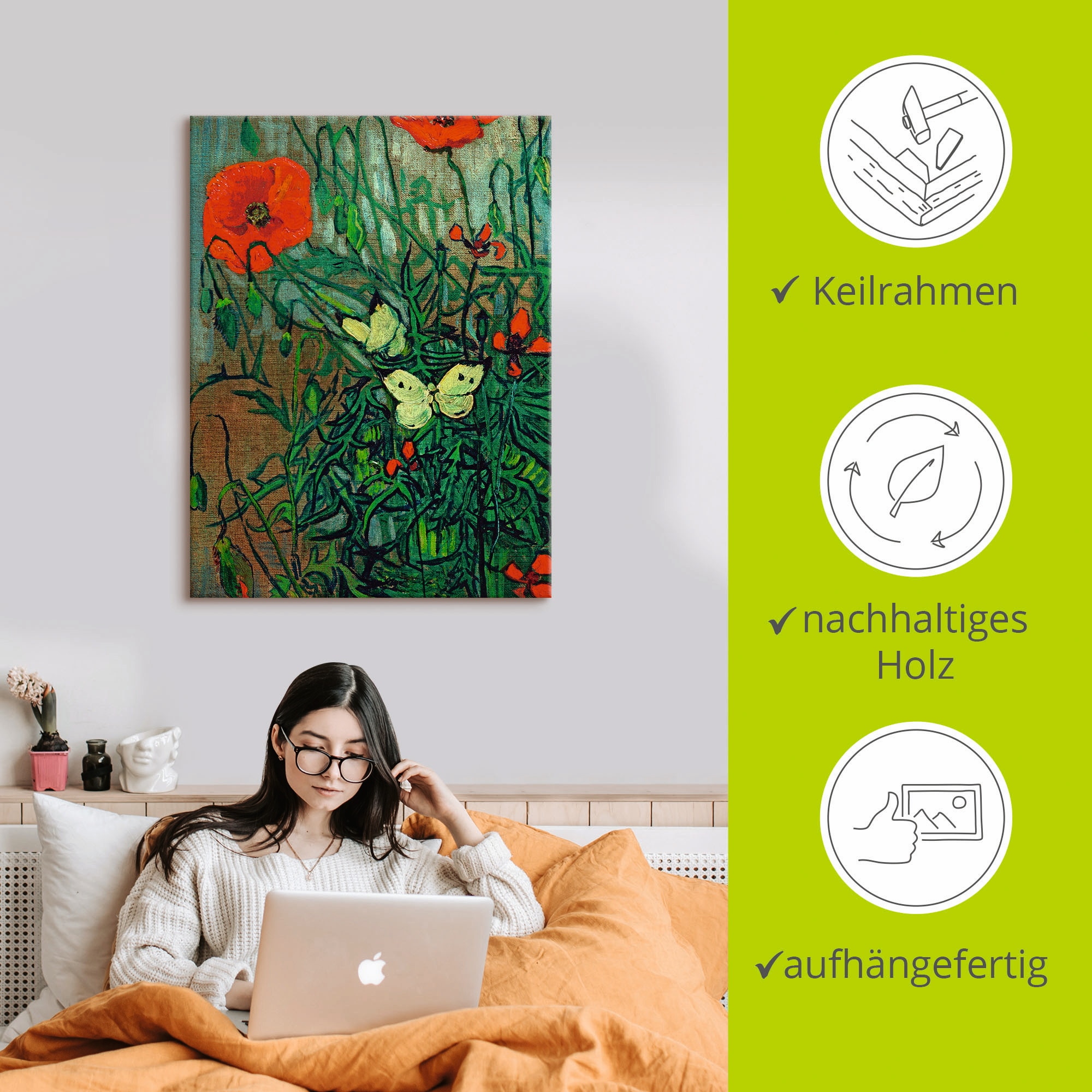 Artland Leinwandbild »Schmetterlinge auf Mohnblüten«, Blumen, (1 St.), auf Keilrahmen gespannt