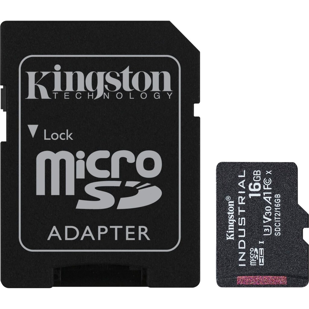 Kingston Speicherkarte »INDUSTRIAL microSD 16GB + SD Adapter«, (UHS-I Class 10 100 MB/s Lesegeschwindigkeit)