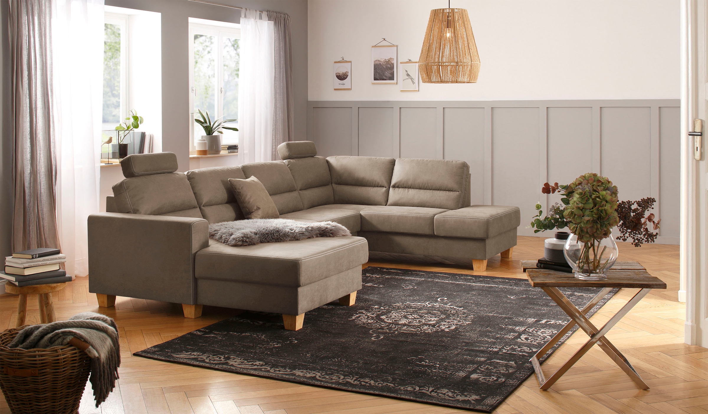 Home affaire Wohnlandschaft »Navan, U-Form«, wahlweise mit Bettfunktion und Kopfstütze