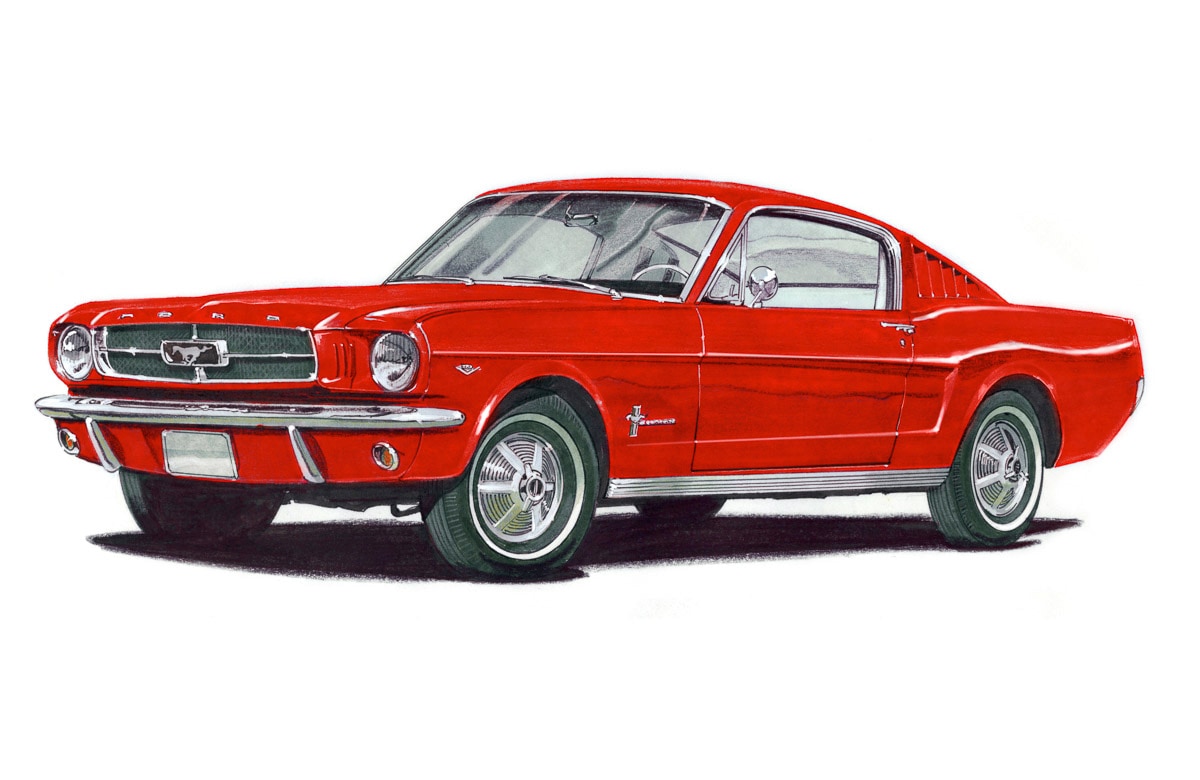 Papermoon Fototapete "MUSTANG FASTBACK 1965-VINTAGE AUTO ILLUSTRATION RETRO"