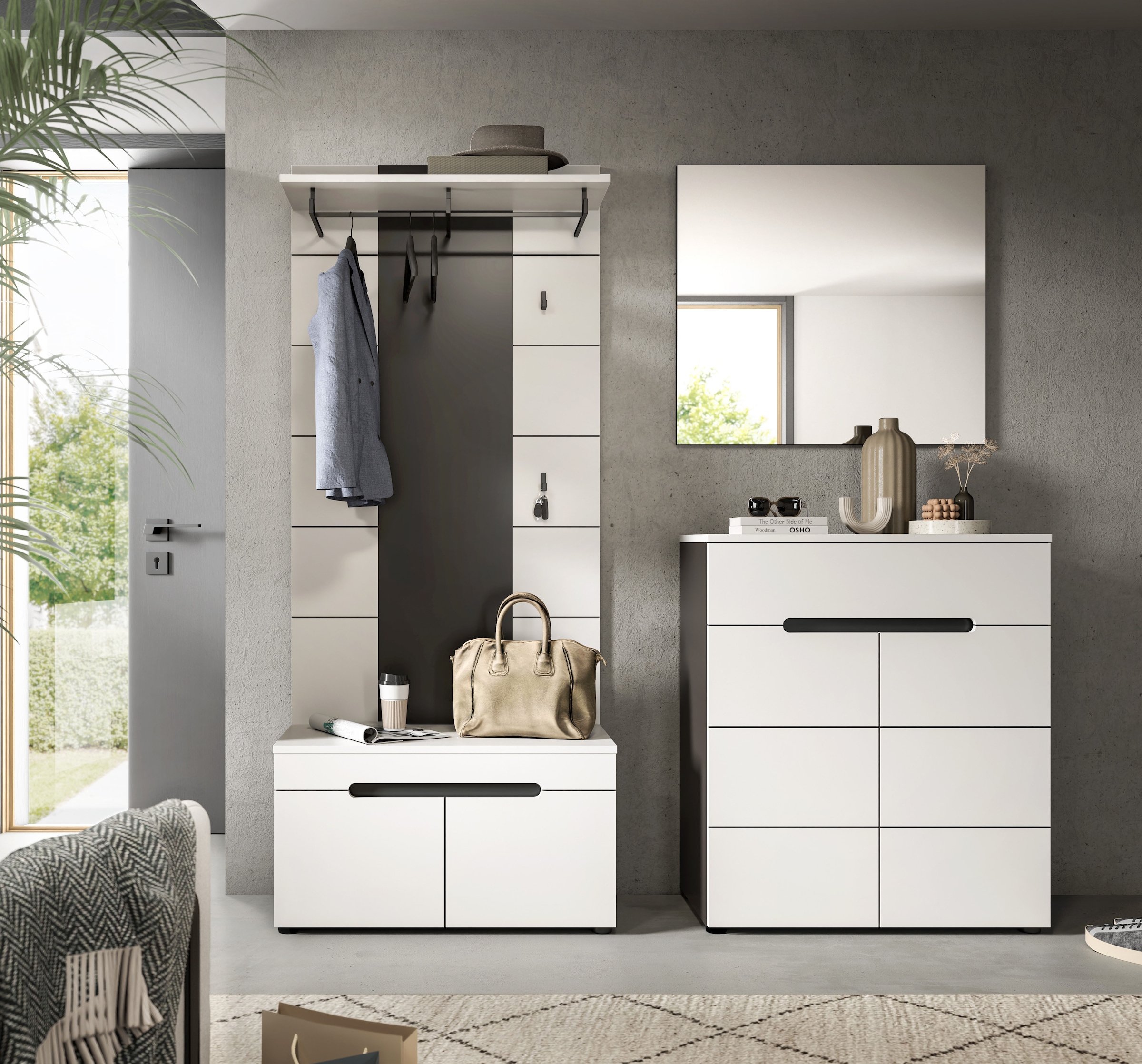 INOSIGN Garderoben-Set, (Set, 4 St., bestehend aus: Sitzbank, Paneel, Spiegel und Kommode), Garderobenkombination, Kombination, Set, Flurgarderobe, Diele