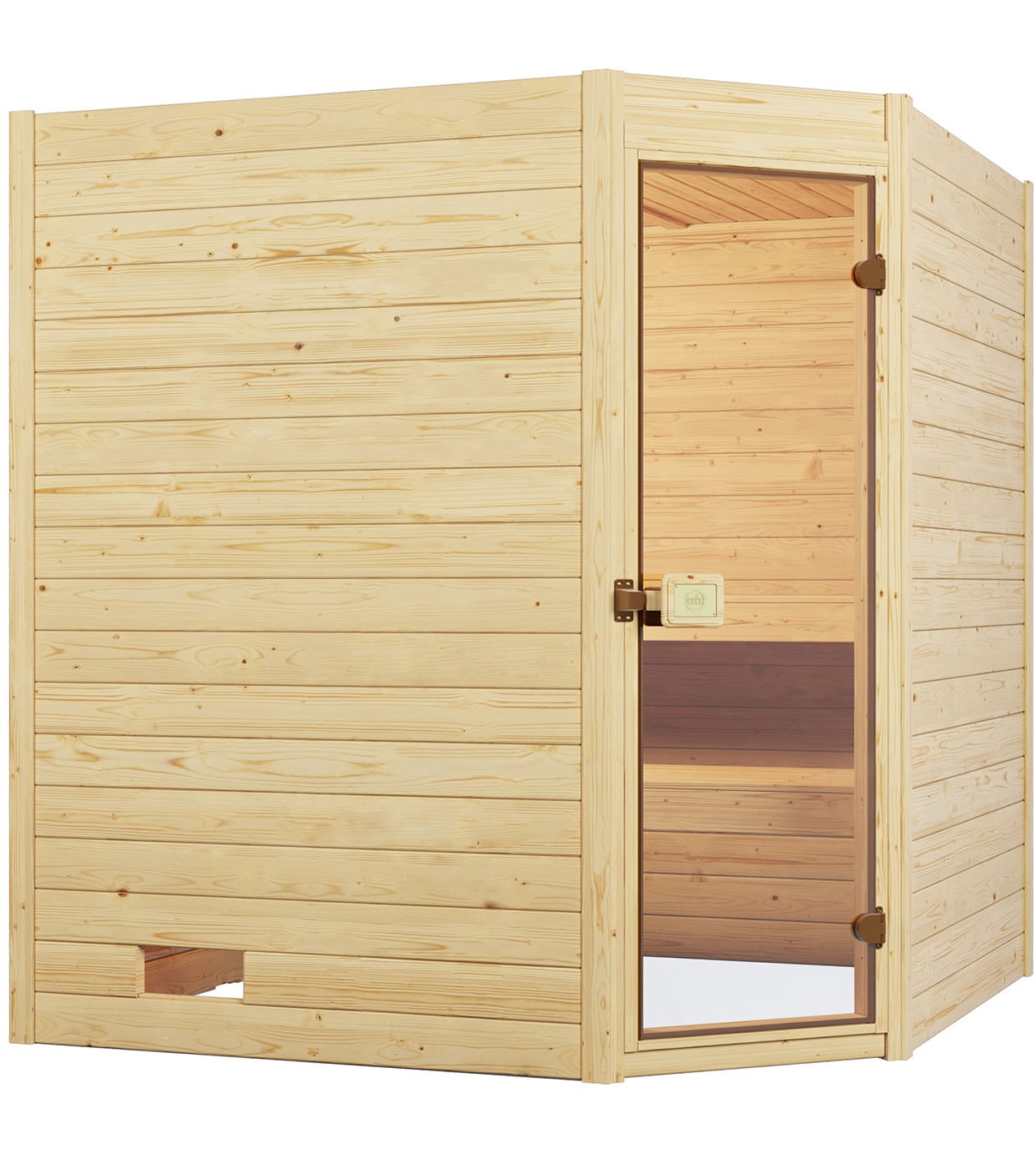 weka "Massivholzsauna VALIDA Eck 1.8" Blockbohlen, Eckeinstieg, moderne Ganzglastür